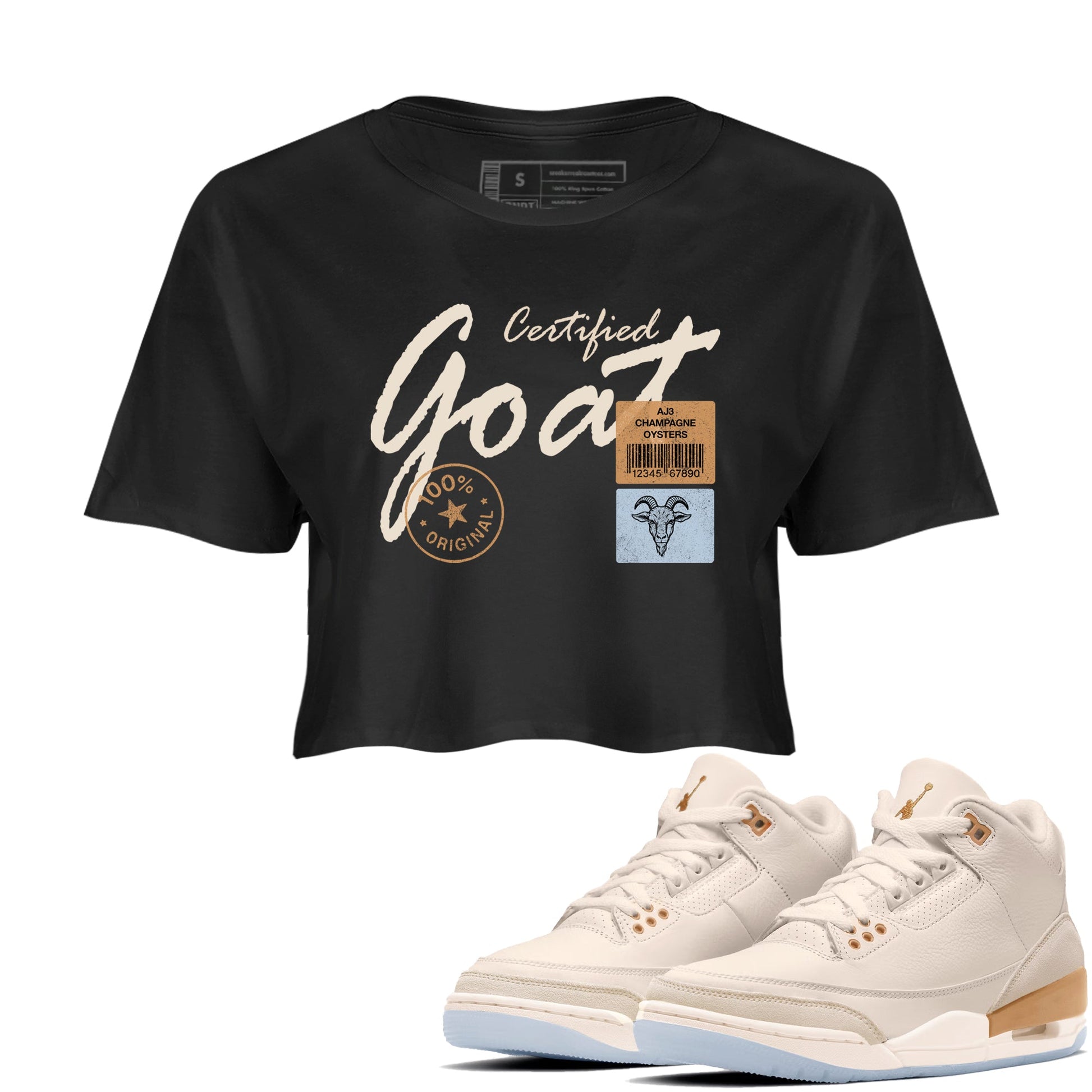 Sneaker match tees – Sneaker Tees To Match Air Jordan 3 Champagne and Oysters Shoes – Certified Goat Crop T-Shirt Black 1