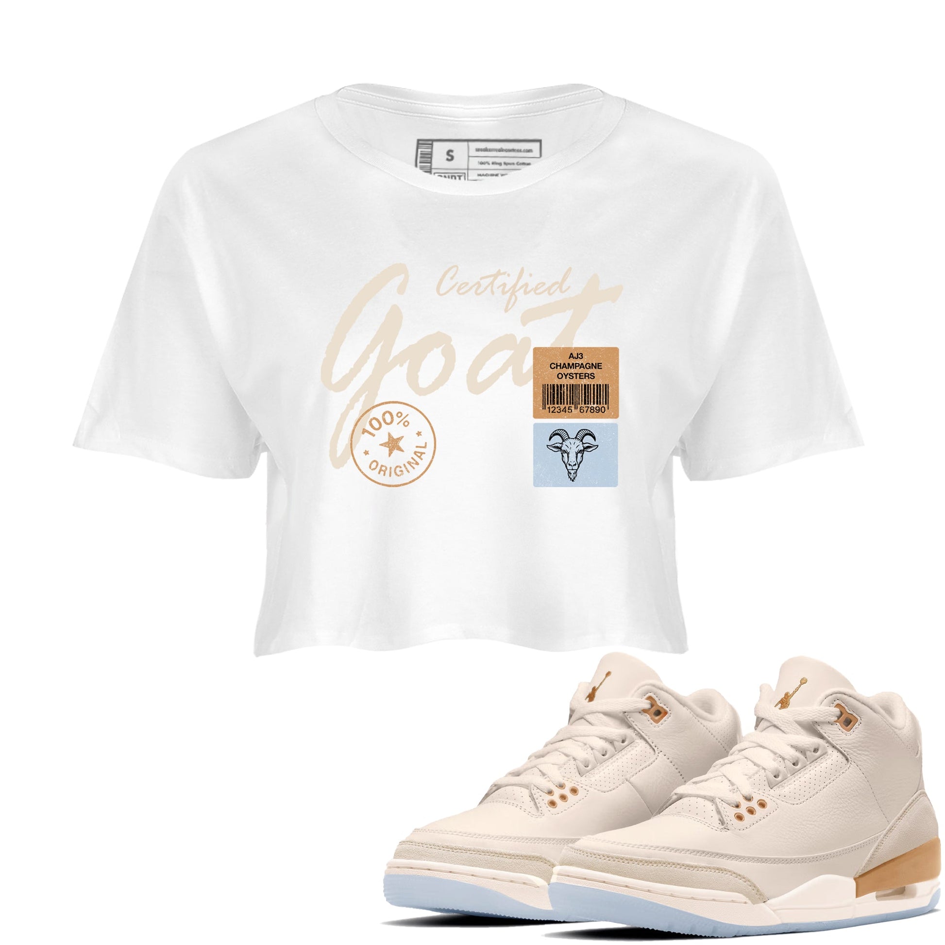 Sneaker match tees – Sneaker Tees To Match Air Jordan 3 Champagne and Oysters Shoes – Certified Goat Crop T-Shirt White 1