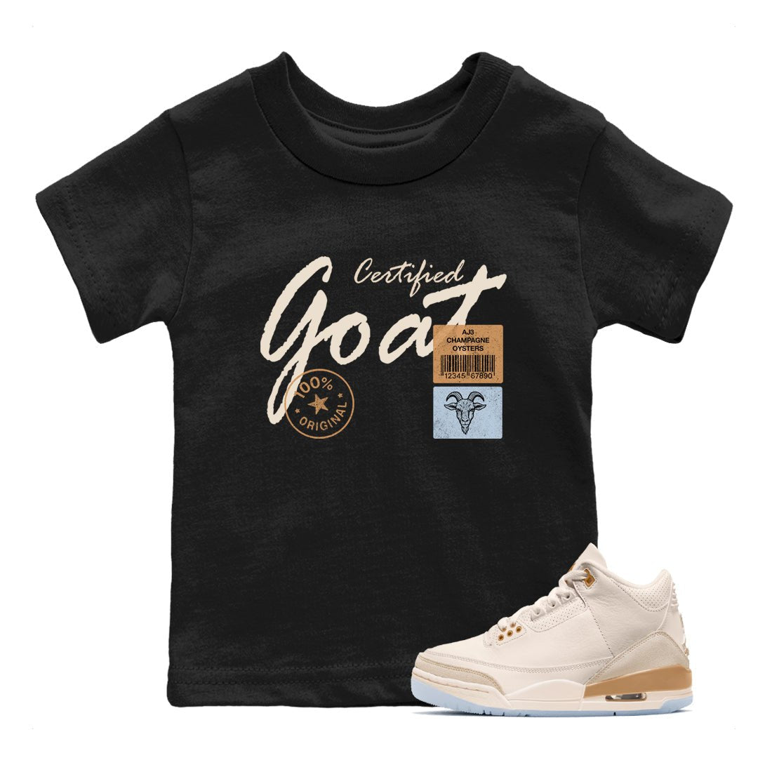 Sneaker match tees – Sneaker Tees To Match Air Jordan 3 Champagne and Oysters Shoes – Certified Goat Kids T-Shirt Black 1