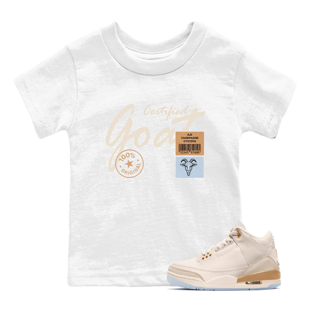 Sneaker match tees – Sneaker Tees To Match Air Jordan 3 Champagne and Oysters Shoes – Certified Goat Kids T-Shirt White 1