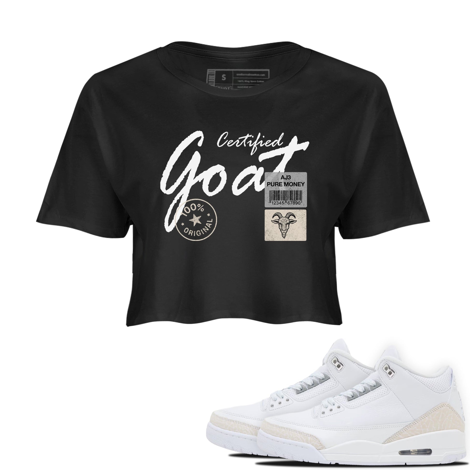 Certified Goat womens crop tee made to vibe with the Air Jordan 3 Pure Money sneakers — the perfect match in Black 1.