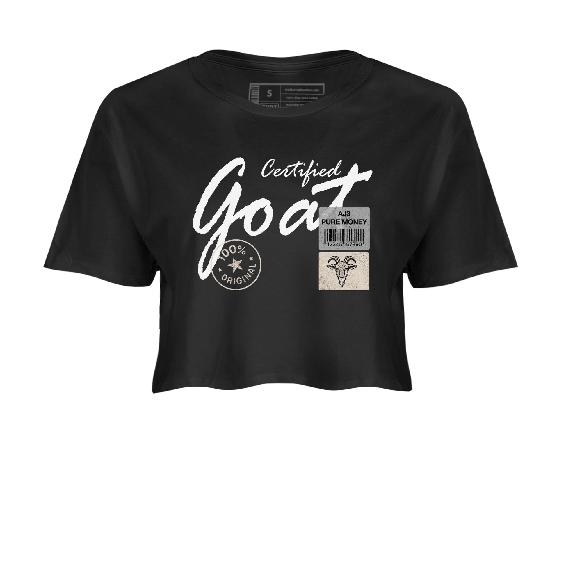 Certified Goat womens crop tee made to vibe with the Air Jordan 3 Pure Money sneakers — the perfect match in Black 2.