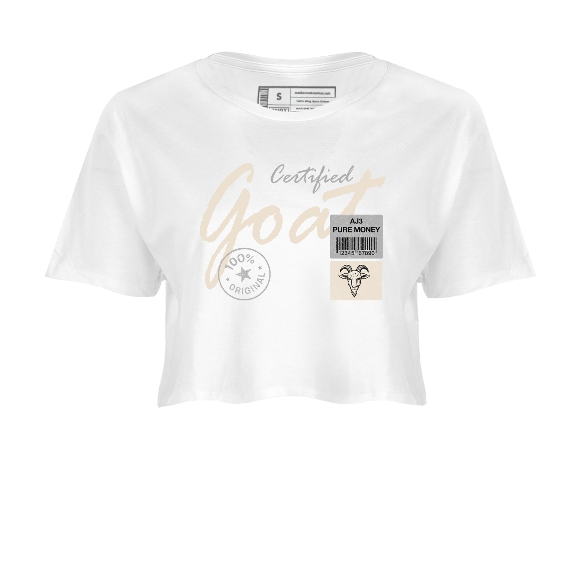 Certified Goat womens crop tee made to vibe with the Air Jordan 3 Pure Money sneakers — the perfect match in White 2.