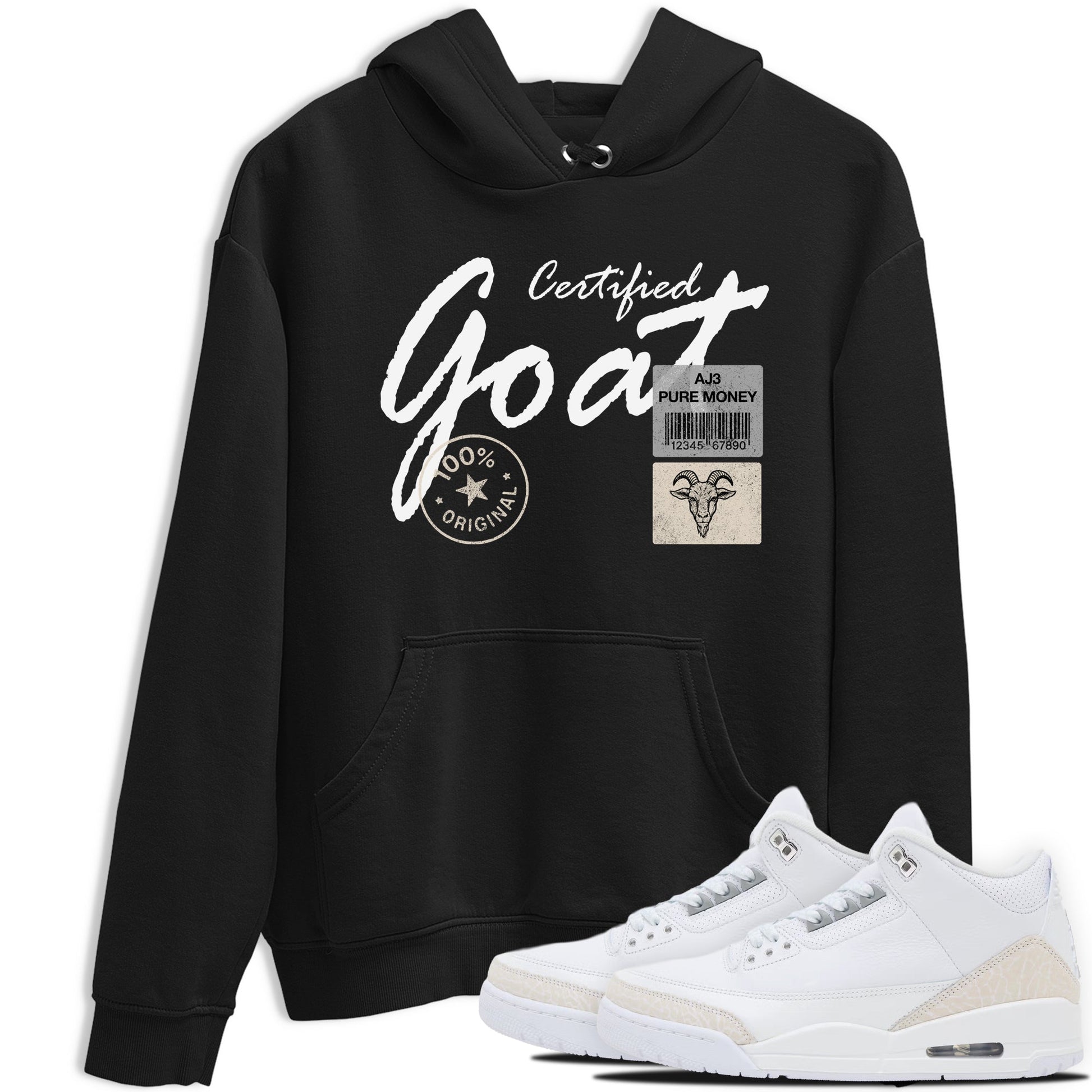 Certified Goat sneaker match t-shirt styled to complete your fit with the Air Jordan 3 Pure Money sneakers, shown in Black 1.