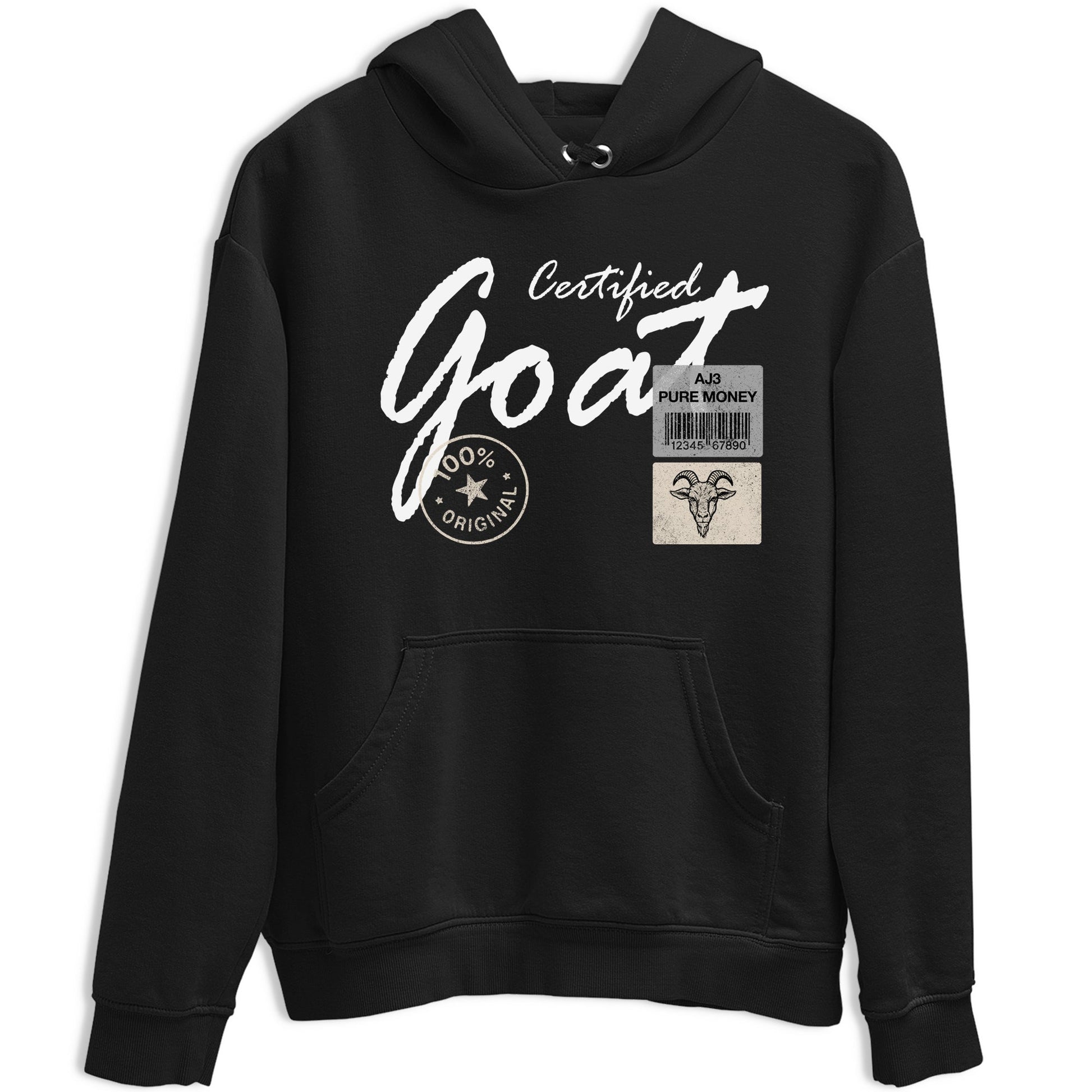Certified Goat sneaker match t-shirt styled to complete your fit with the Air Jordan 3 Pure Money sneakers, shown in Black 2.