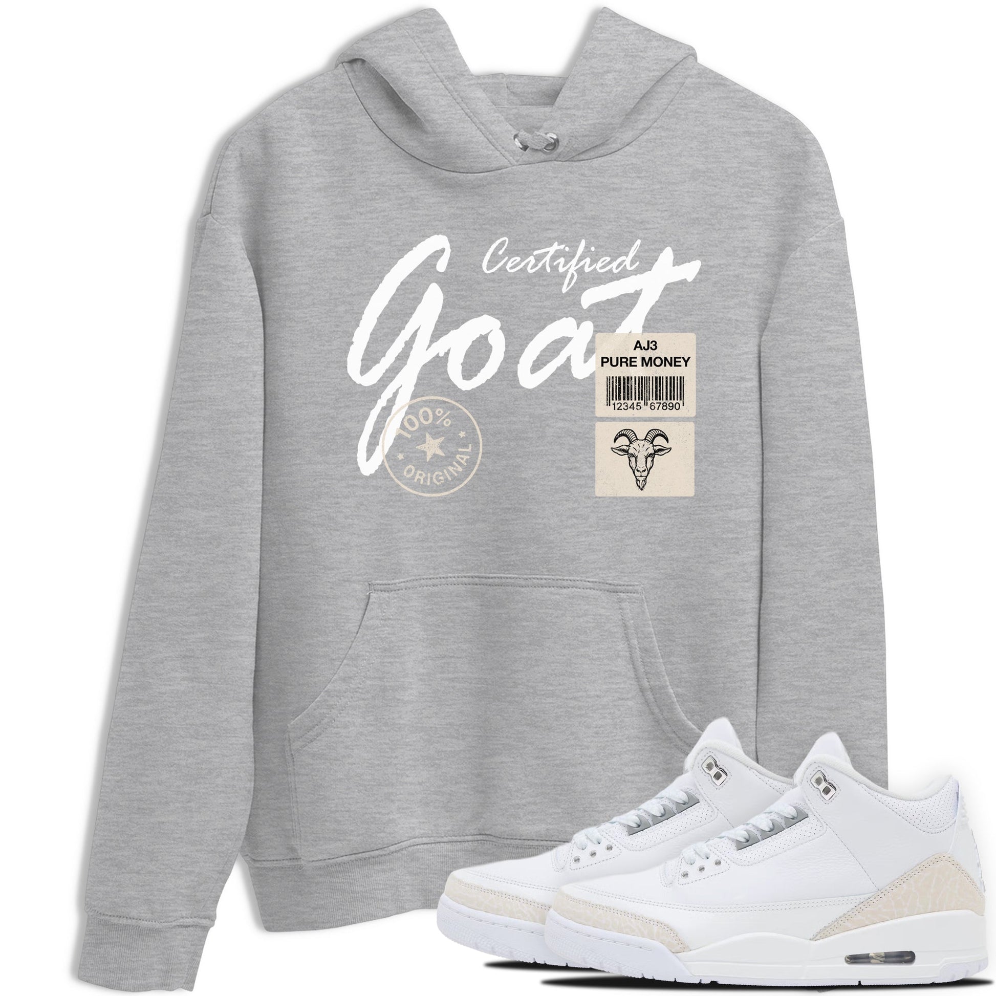 Certified Goat sneaker match t-shirt styled to complete your fit with the Air Jordan 3 Pure Money sneakers, shown in Heather Grey 1.
