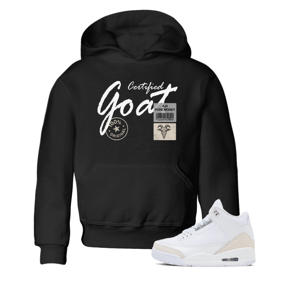 Certified Goat baby and kids t-shirt crafted for little sneakerheads to shine with the Air Jordan 3 Pure Money sneakers, displayed in Black 1.