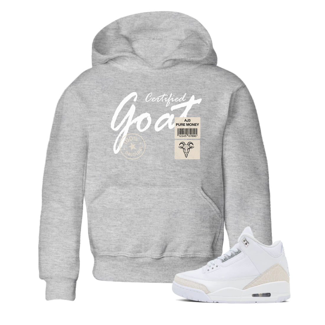 Certified Goat baby and kids t-shirt crafted for little sneakerheads to shine with the Air Jordan 3 Pure Money sneakers, displayed in Heather Grey 1.