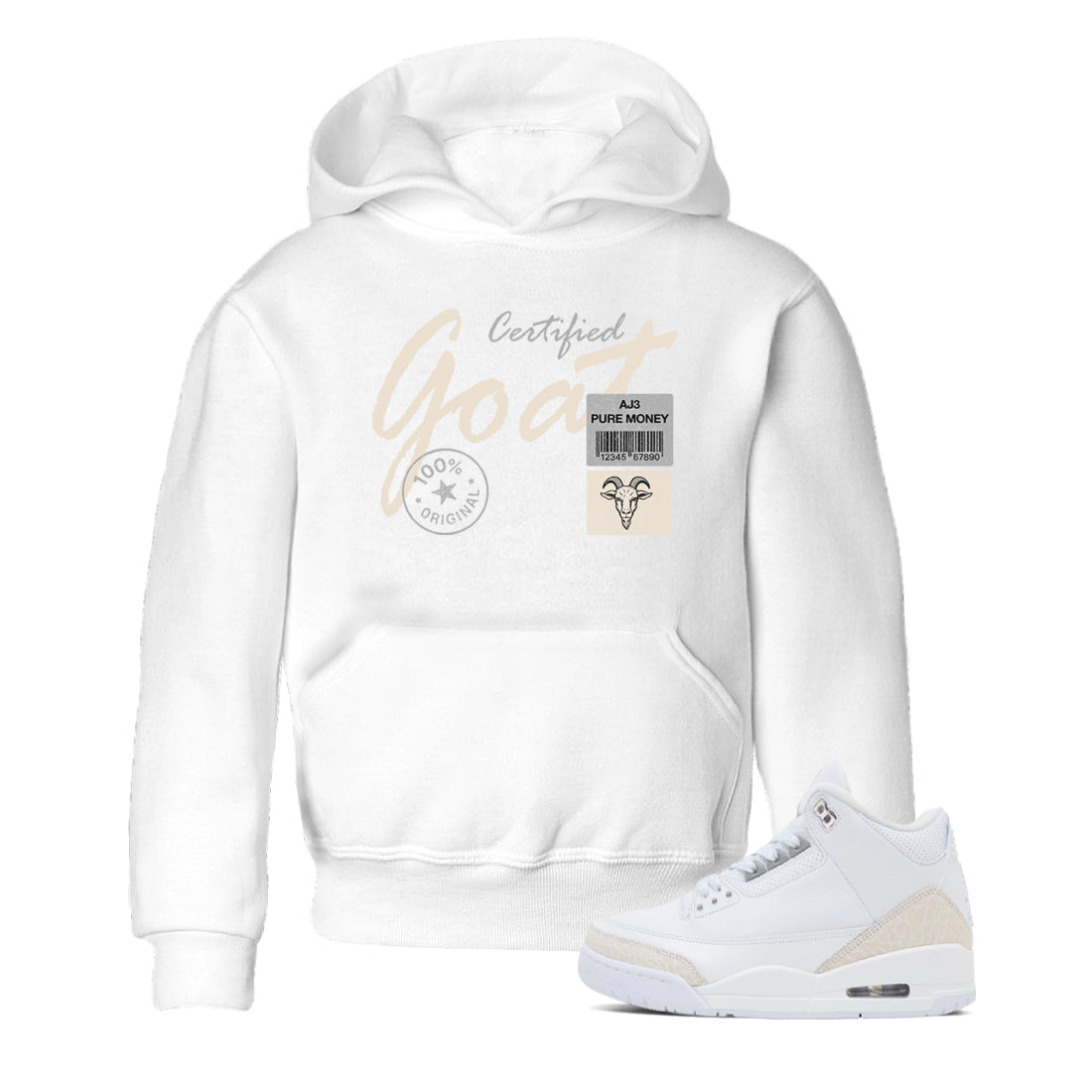Certified Goat baby and kids t-shirt crafted for little sneakerheads to shine with the Air Jordan 3 Pure Money sneakers, displayed in White 1.