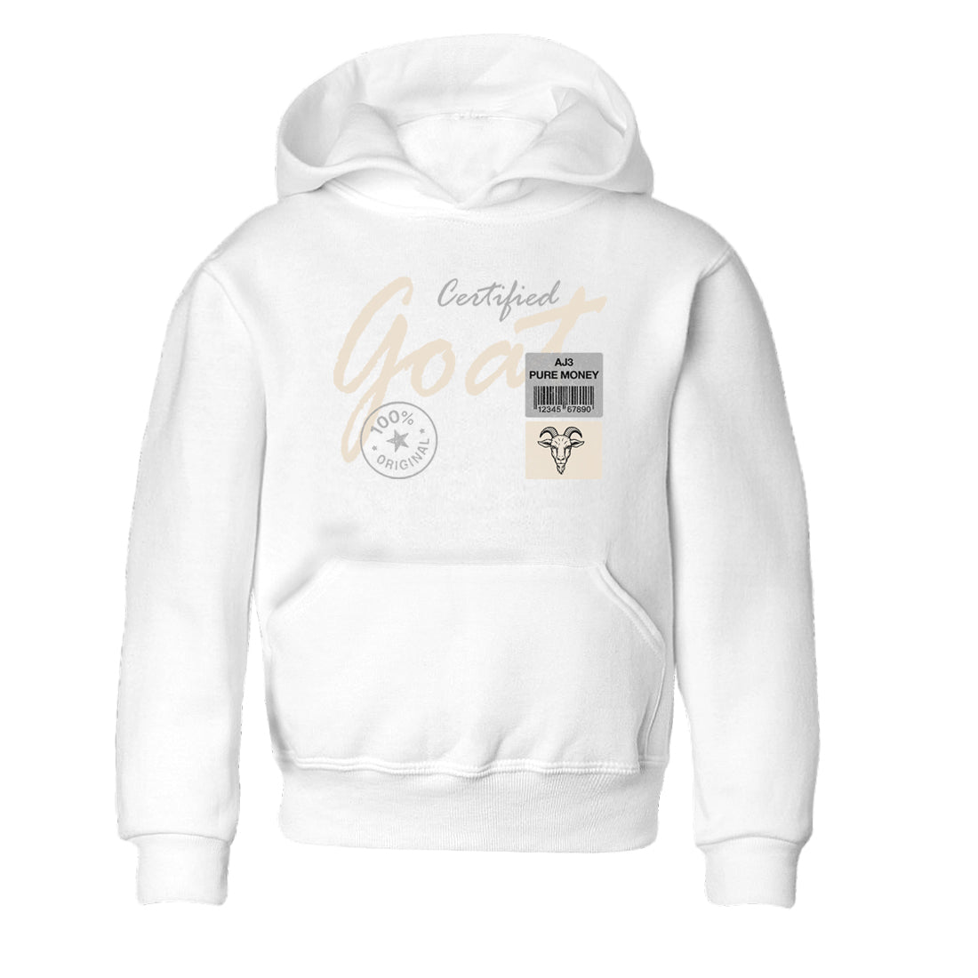 Certified Goat baby and kids t-shirt crafted for little sneakerheads to shine with the Air Jordan 3 Pure Money sneakers, displayed in White 2.