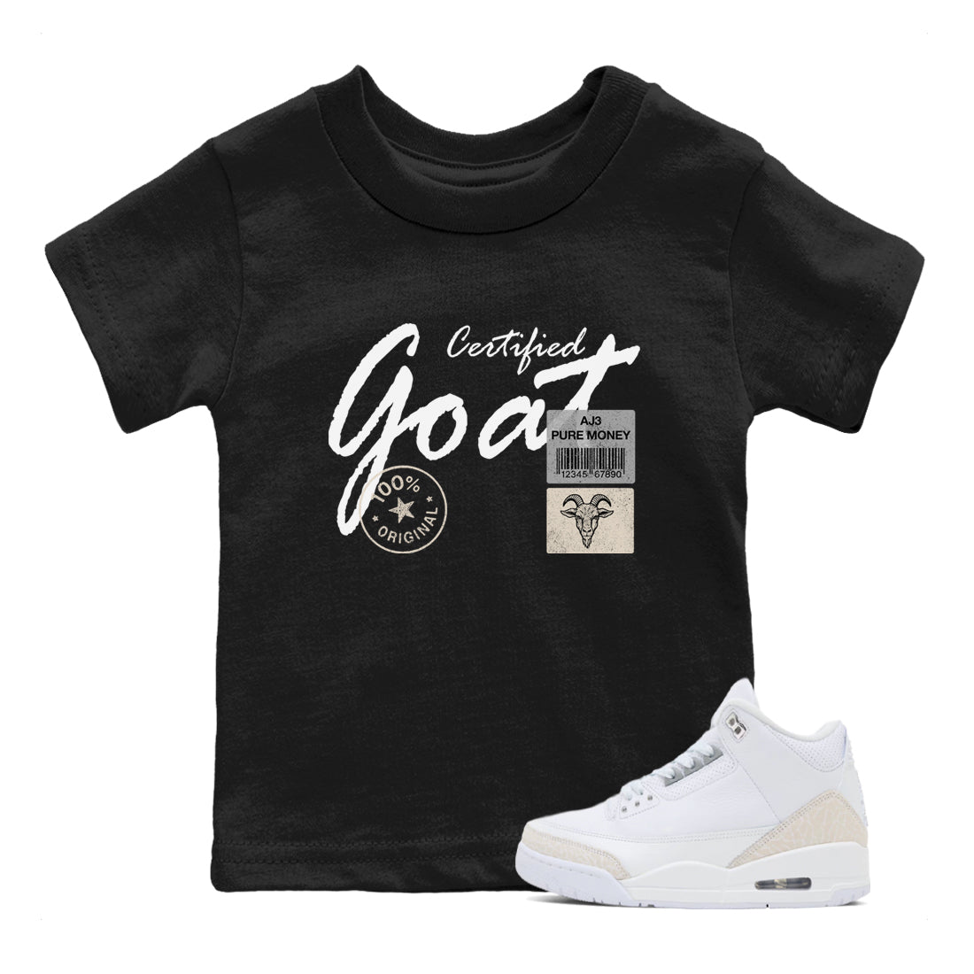 Certified Goat baby and kids t-shirt crafted for little sneakerheads to shine with the Air Jordan 3 Pure Money sneakers, displayed in Black 1.