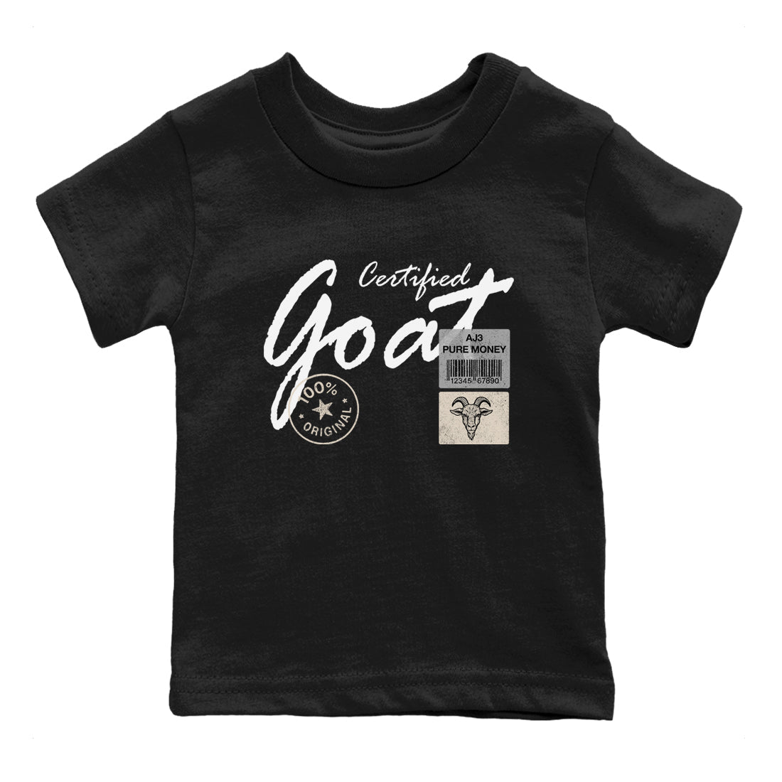 Certified Goat baby and kids t-shirt crafted for little sneakerheads to shine with the Air Jordan 3 Pure Money sneakers, displayed in Black 2.