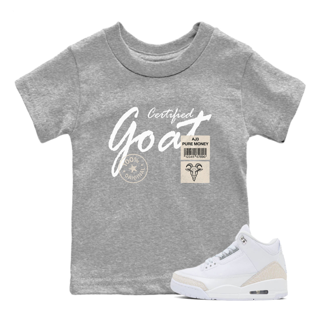 Certified Goat baby and kids t-shirt crafted for little sneakerheads to shine with the Air Jordan 3 Pure Money sneakers, displayed in Heather Grey 1.
