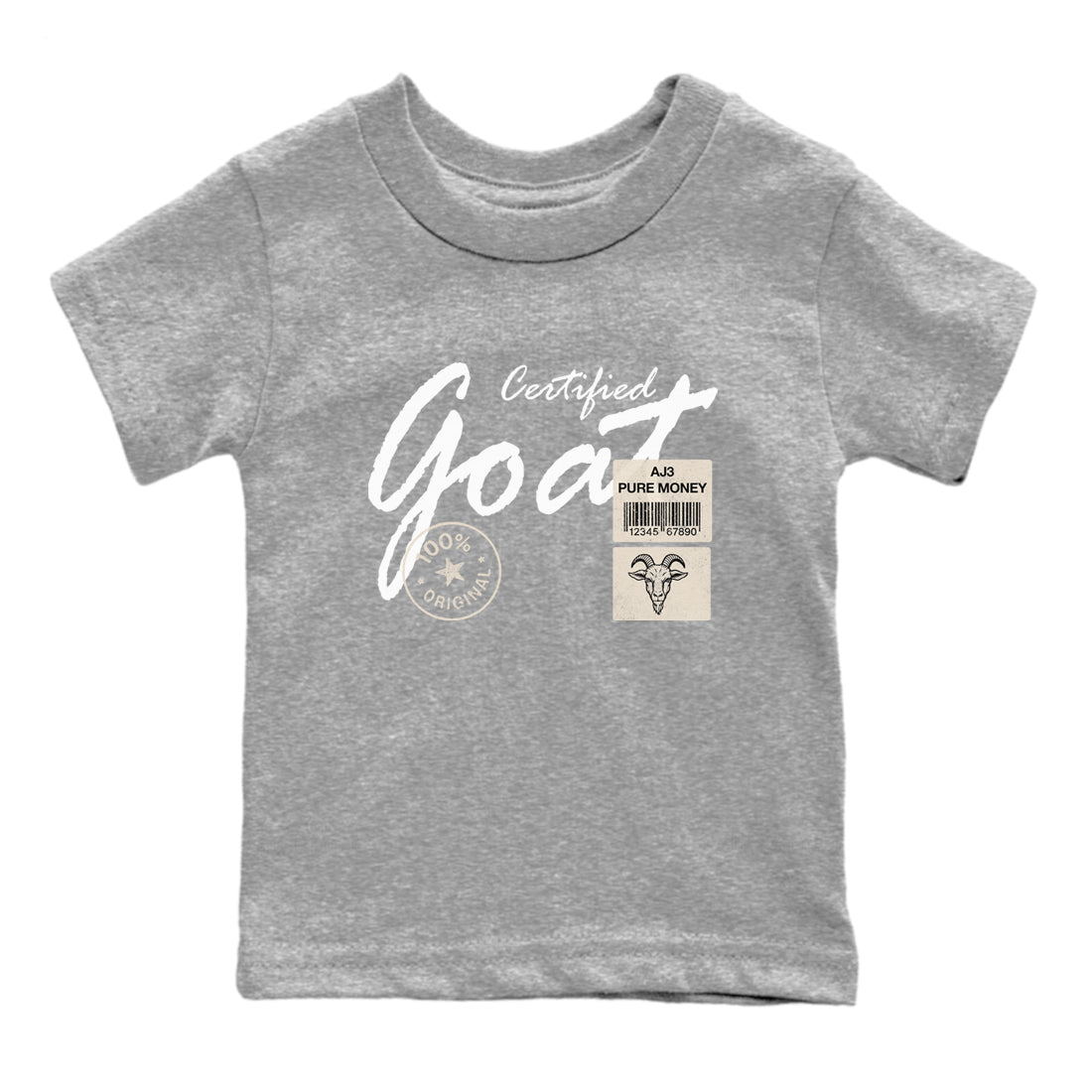 Certified Goat baby and kids t-shirt crafted for little sneakerheads to shine with the Air Jordan 3 Pure Money sneakers, displayed in Heather Grey 2.