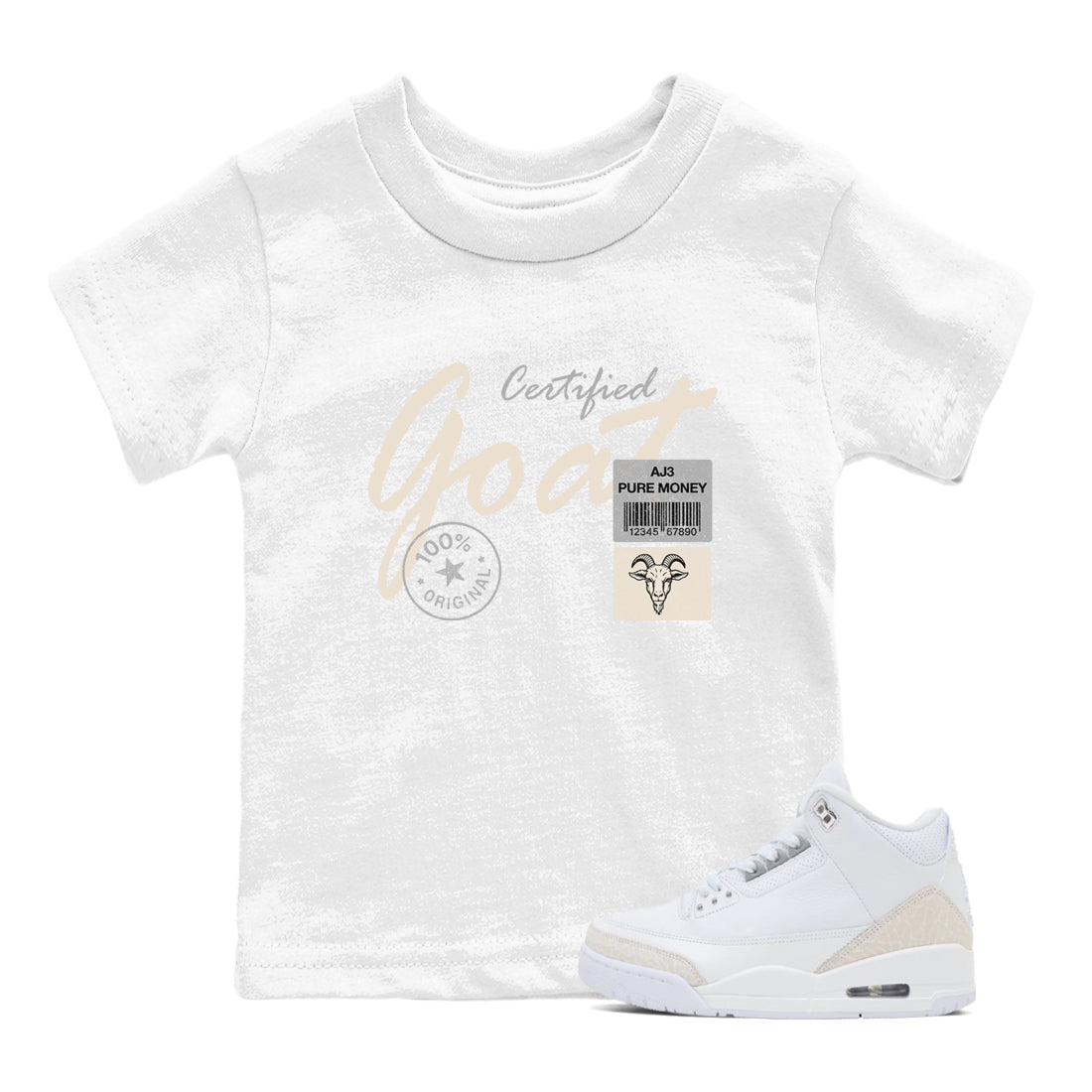 Certified Goat baby and kids t-shirt crafted for little sneakerheads to shine with the Air Jordan 3 Pure Money sneakers, displayed in White 1.