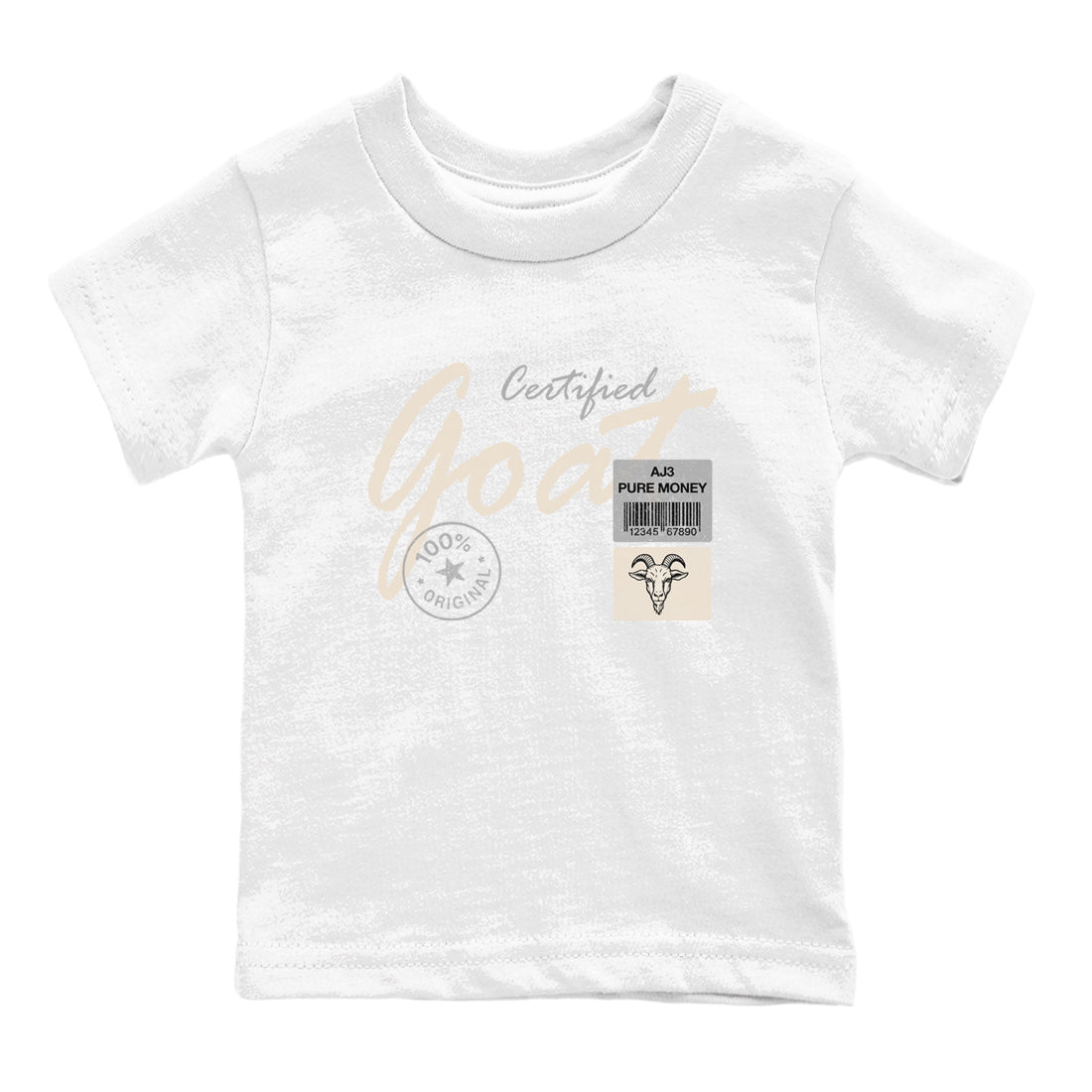 Certified Goat baby and kids t-shirt crafted for little sneakerheads to shine with the Air Jordan 3 Pure Money sneakers, displayed in White 2.