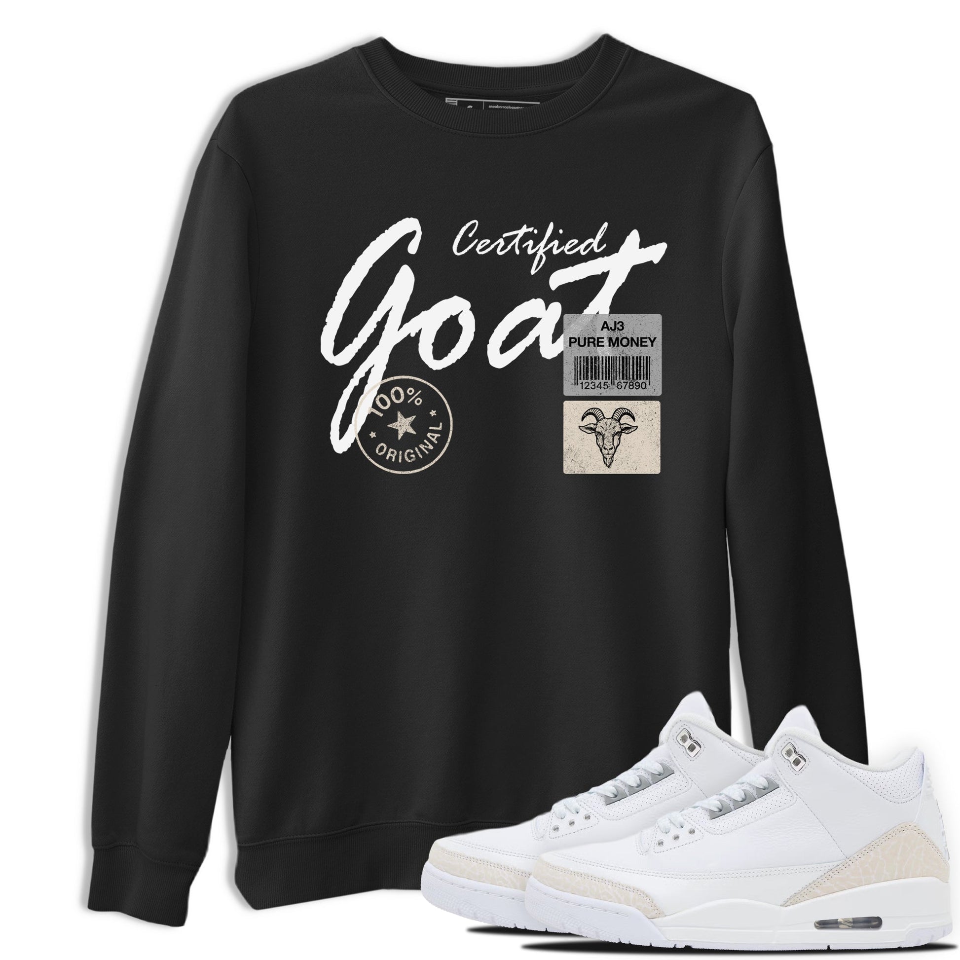 Certified Goat sneaker match t-shirt styled to complete your fit with the Air Jordan 3 Pure Money sneakers, shown in Black 1.