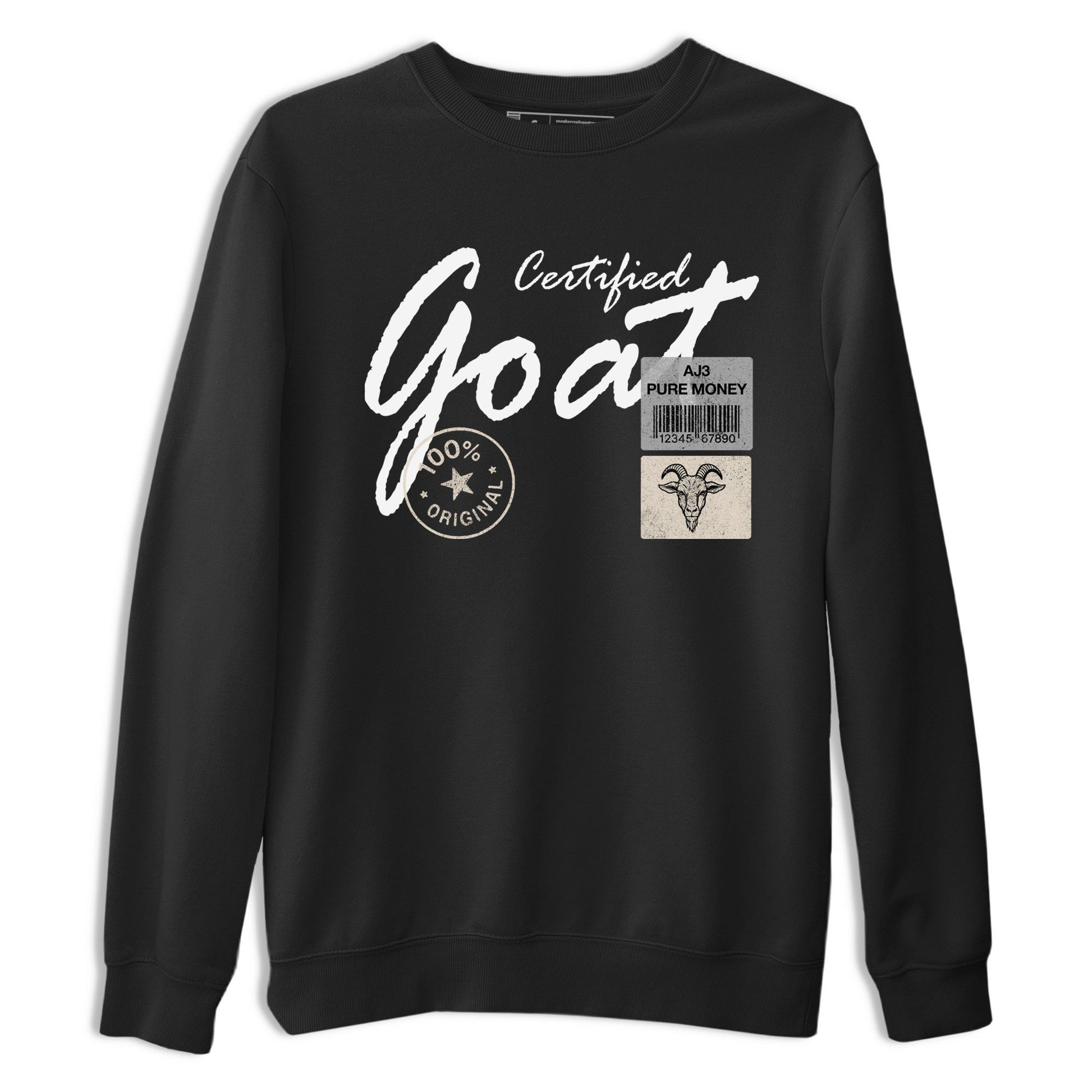 Certified Goat sneaker match t-shirt styled to complete your fit with the Air Jordan 3 Pure Money sneakers, shown in Black 2.