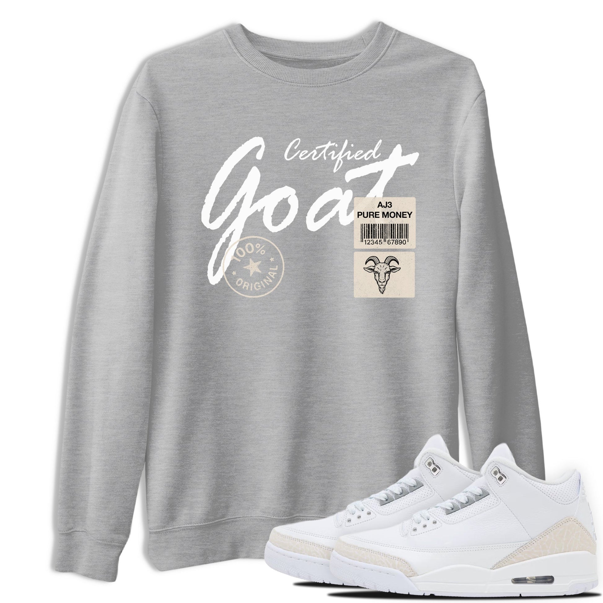 Certified Goat sneaker match t-shirt styled to complete your fit with the Air Jordan 3 Pure Money sneakers, shown in Heather Grey 1.