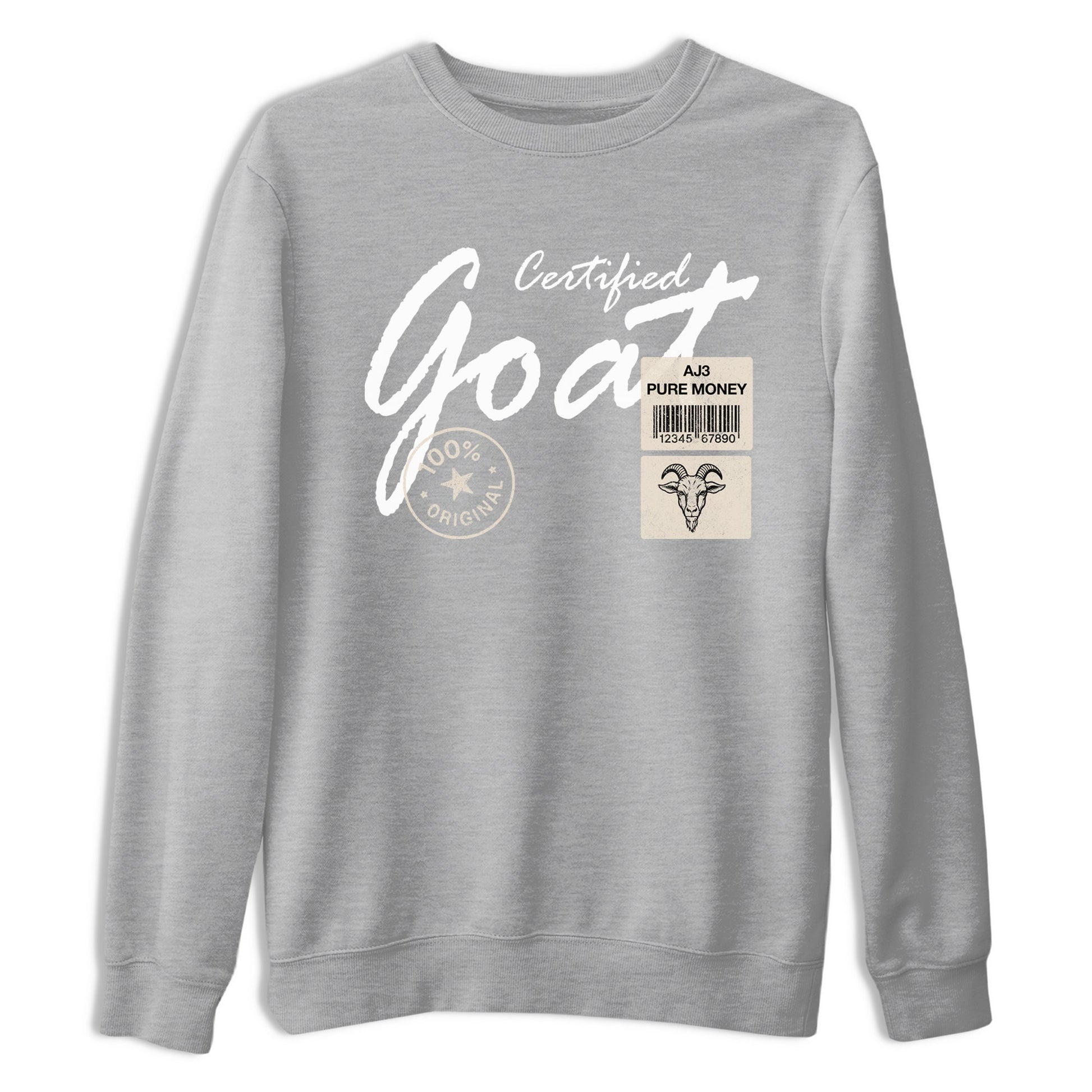 Certified Goat sneaker match t-shirt styled to complete your fit with the Air Jordan 3 Pure Money sneakers, shown in Heather Grey 2.