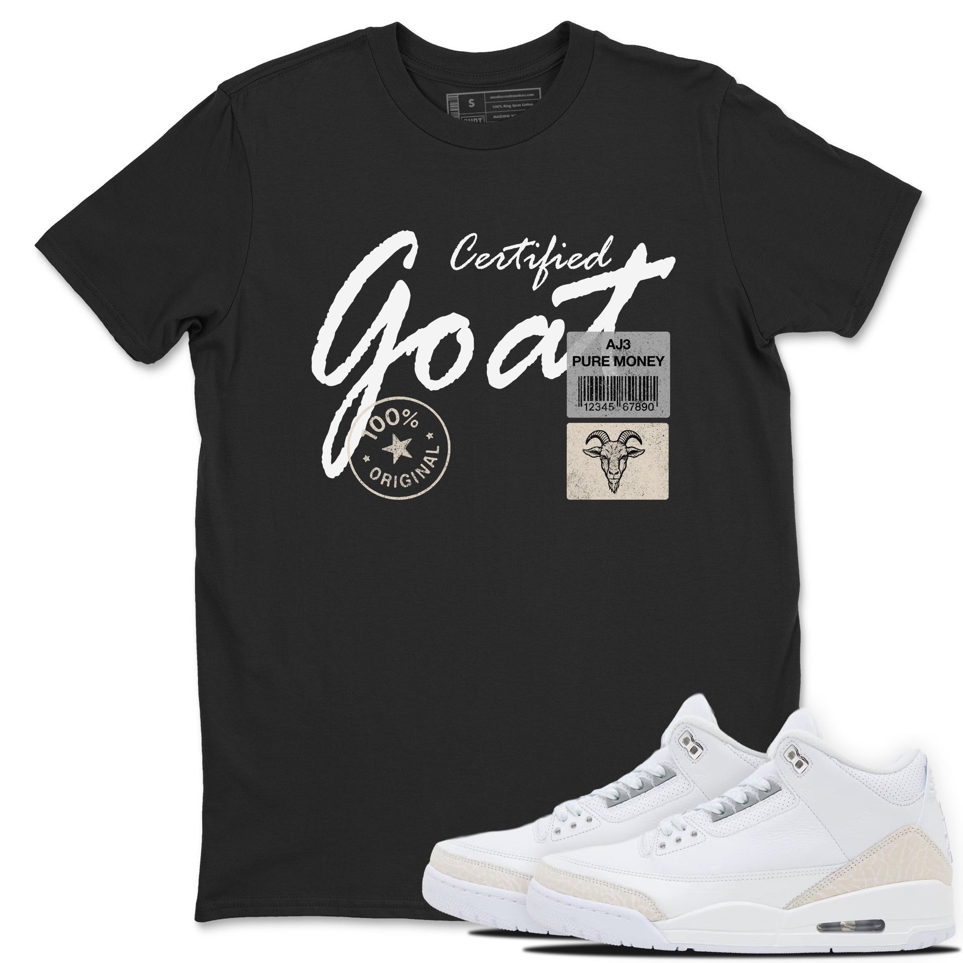 Certified Goat sneaker match t-shirt styled to complete your fit with the Air Jordan 3 Pure Money sneakers, shown in Black 1.