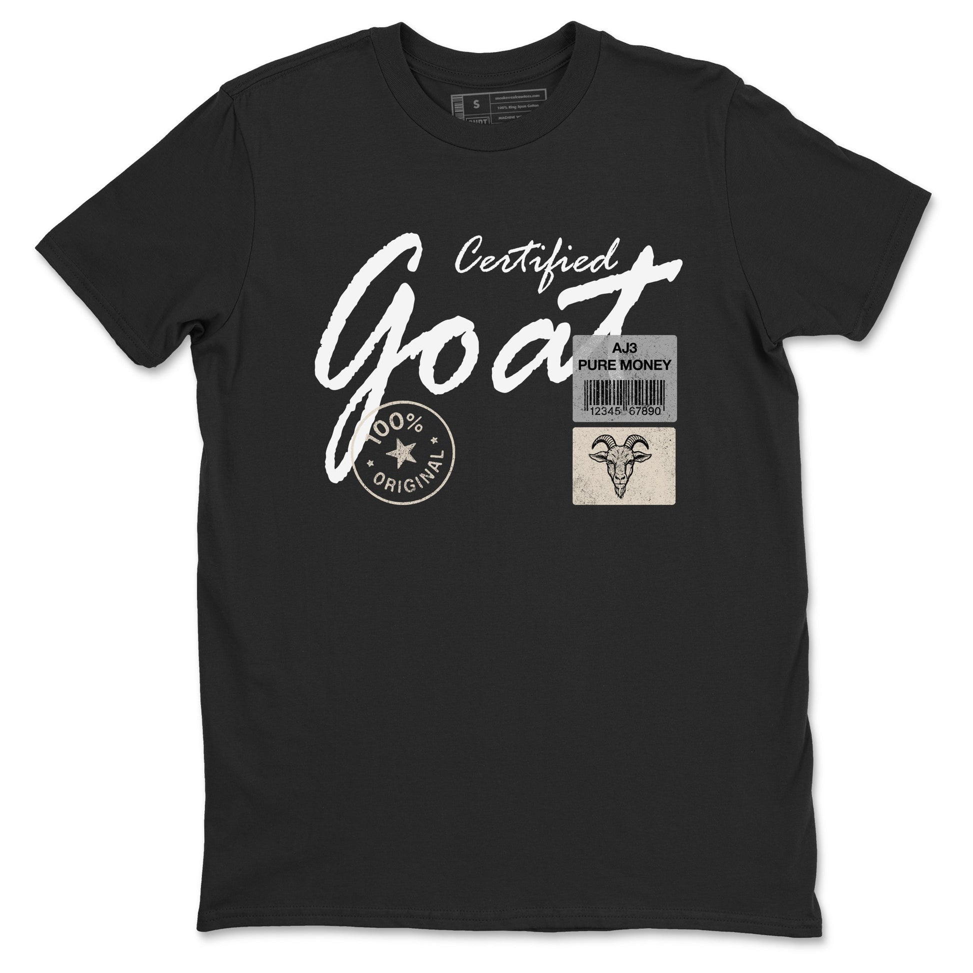 Certified Goat sneaker match t-shirt styled to complete your fit with the Air Jordan 3 Pure Money sneakers, shown in Black 2.