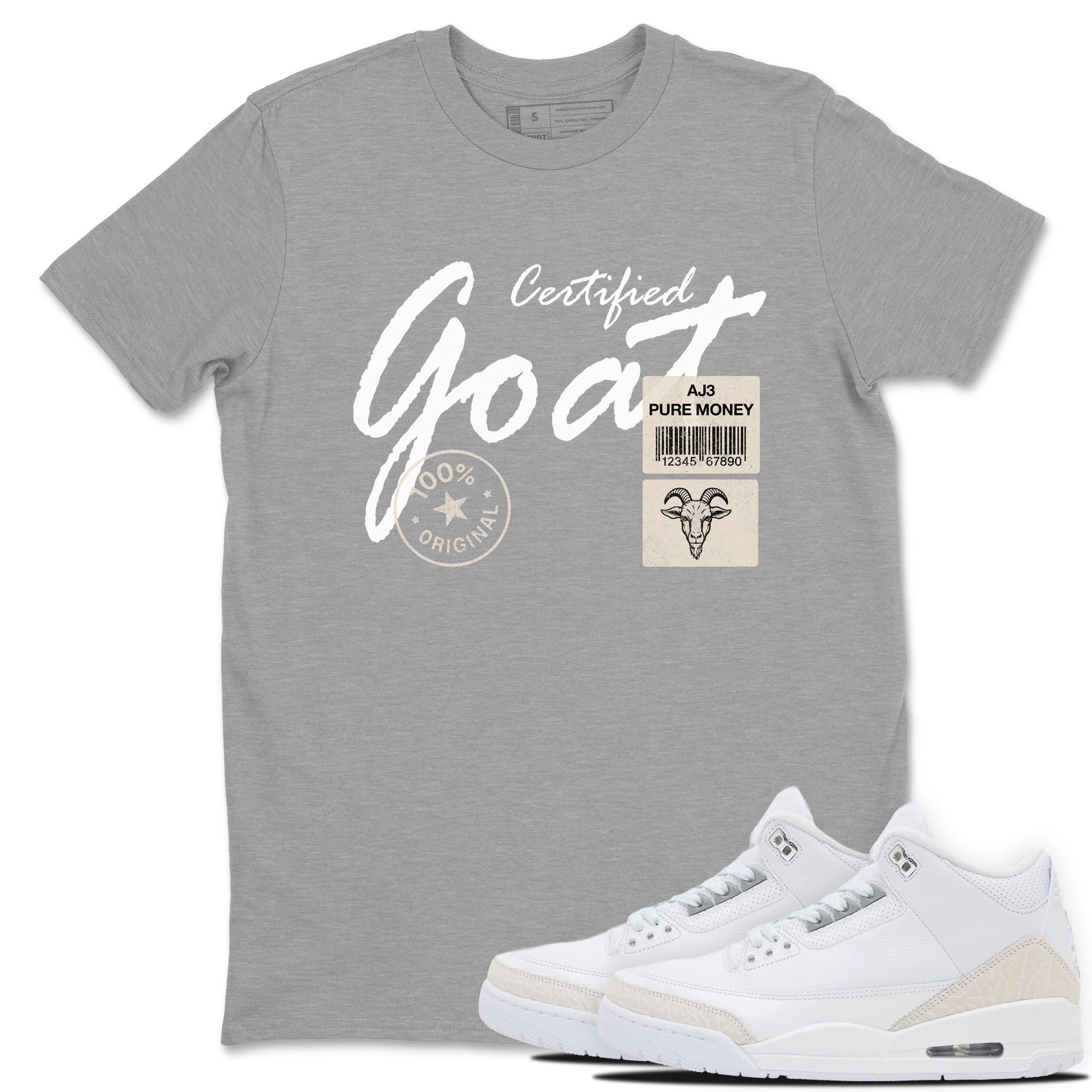 Certified Goat sneaker match t-shirt styled to complete your fit with the Air Jordan 3 Pure Money sneakers, shown in Heather Grey 1.