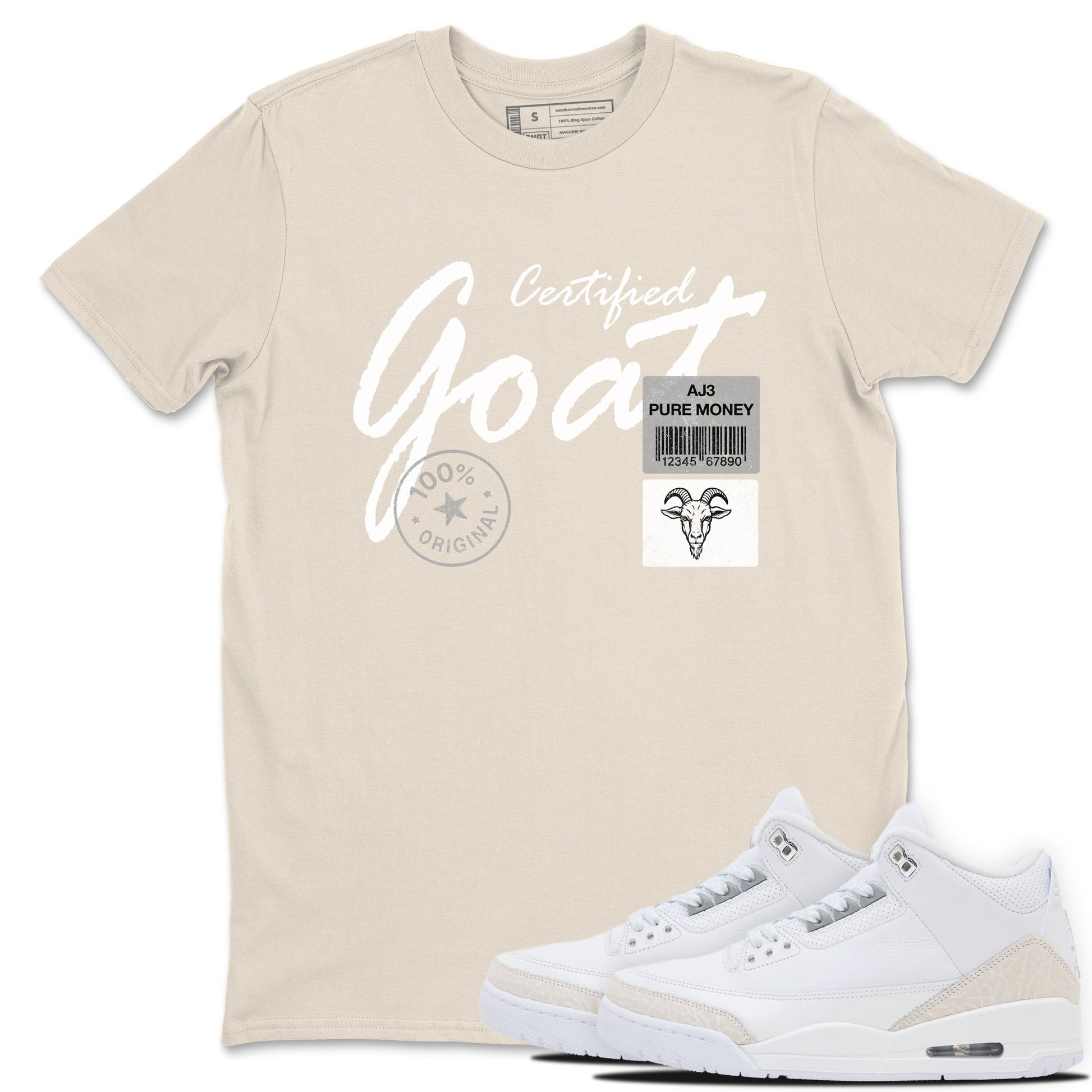 Certified Goat sneaker match t-shirt styled to complete your fit with the Air Jordan 3 Pure Money sneakers, shown in Natural 1.