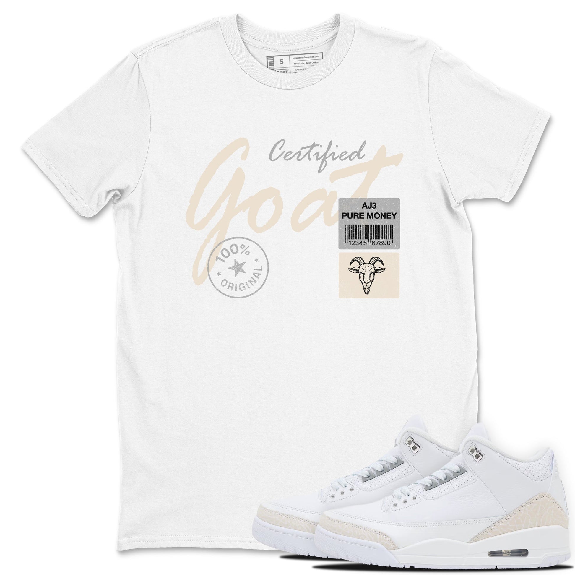 Certified Goat sneaker match t-shirt styled to complete your fit with the Air Jordan 3 Pure Money sneakers, shown in White 1.