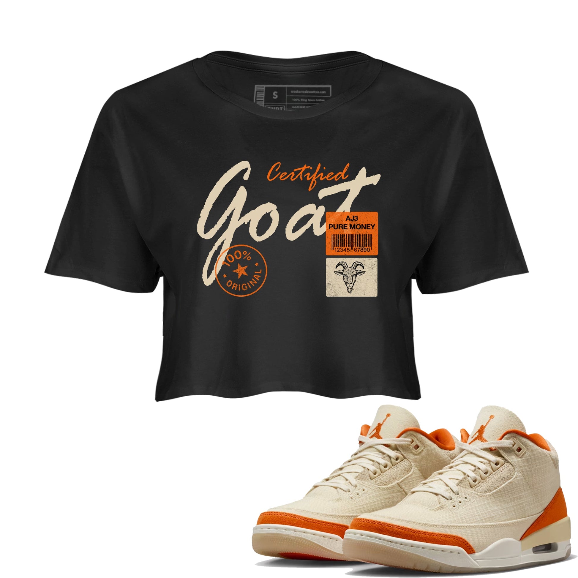 Certified Goat womens crop tee made to vibe with the Air Jordan 3 Starfish sneakers — the perfect match in Black 1.
