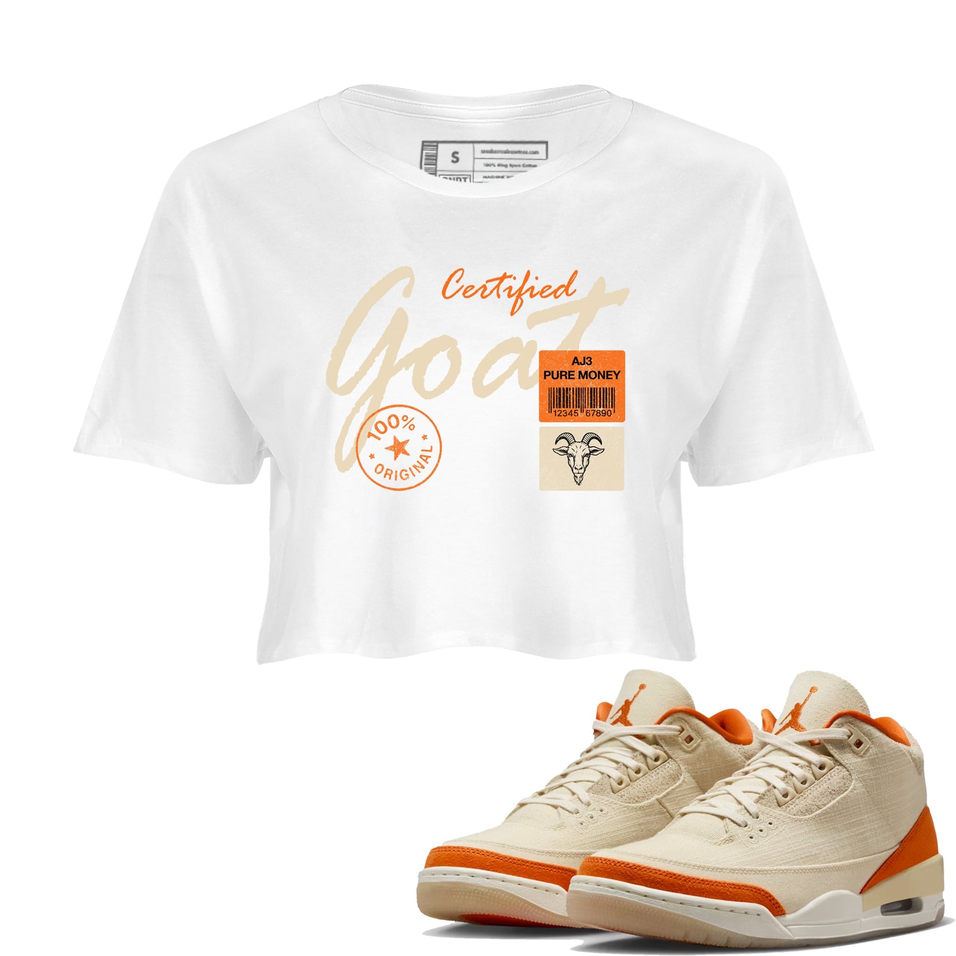 Certified Goat womens crop tee made to vibe with the Air Jordan 3 Starfish sneakers — the perfect match in White 1.