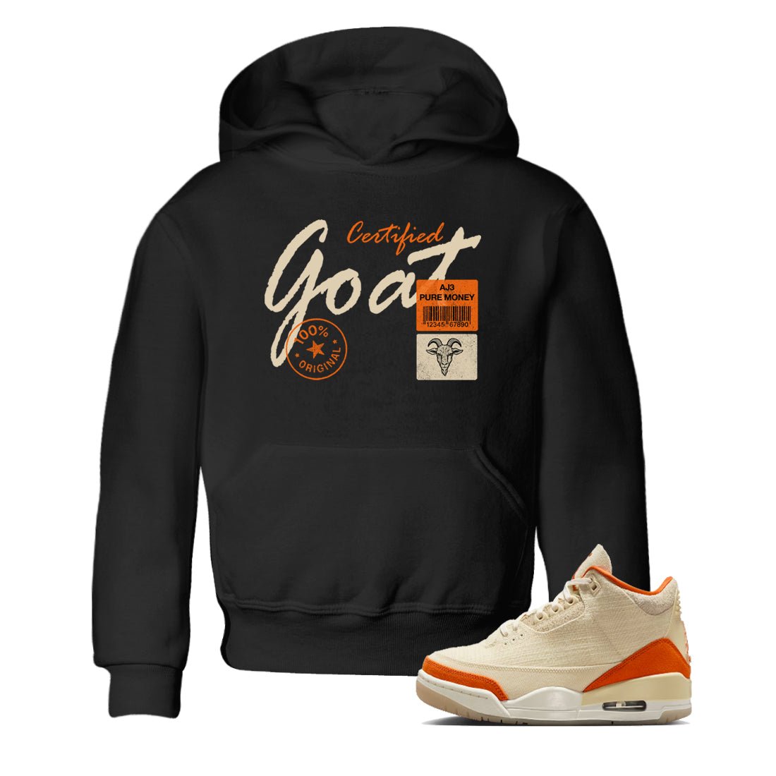 Certified Goat baby and kids t-shirt crafted for little sneakerheads to shine with the Air Jordan 3 Starfish sneakers, displayed in Black 1.