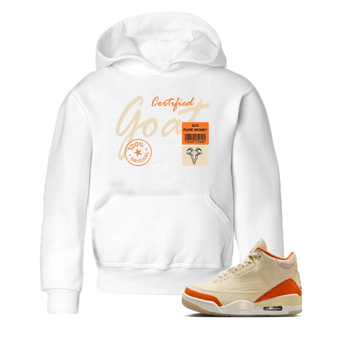 Certified Goat baby and kids t-shirt crafted for little sneakerheads to shine with the Air Jordan 3 Starfish sneakers, displayed in White 1.