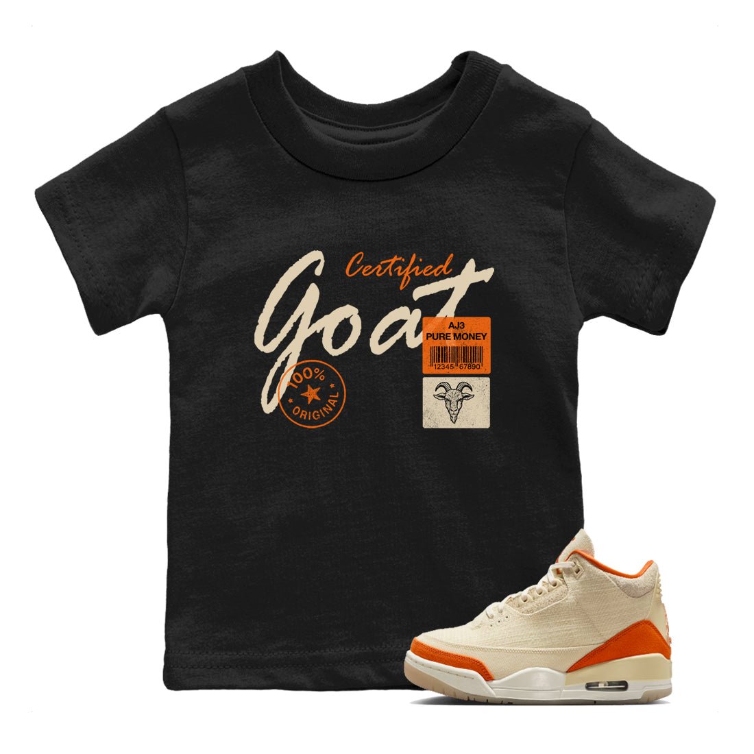 Certified Goat baby and kids t-shirt crafted for little sneakerheads to shine with the Air Jordan 3 Starfish sneakers, displayed in Black 1.