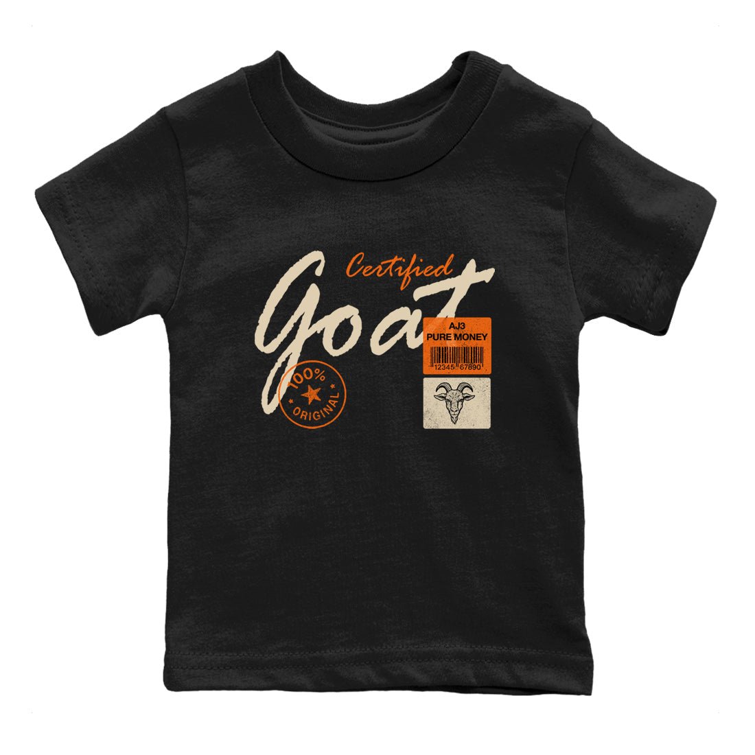 Certified Goat baby and kids t-shirt crafted for little sneakerheads to shine with the Air Jordan 3 Starfish sneakers, displayed in Black 2.