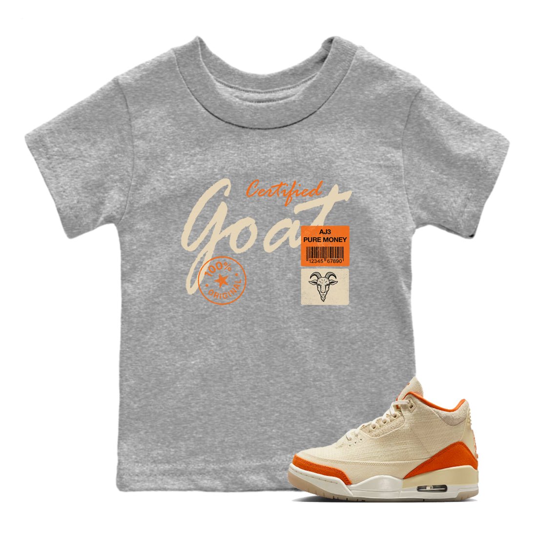 Certified Goat baby and kids t-shirt crafted for little sneakerheads to shine with the Air Jordan 3 Starfish sneakers, displayed in Heather Grey 1.