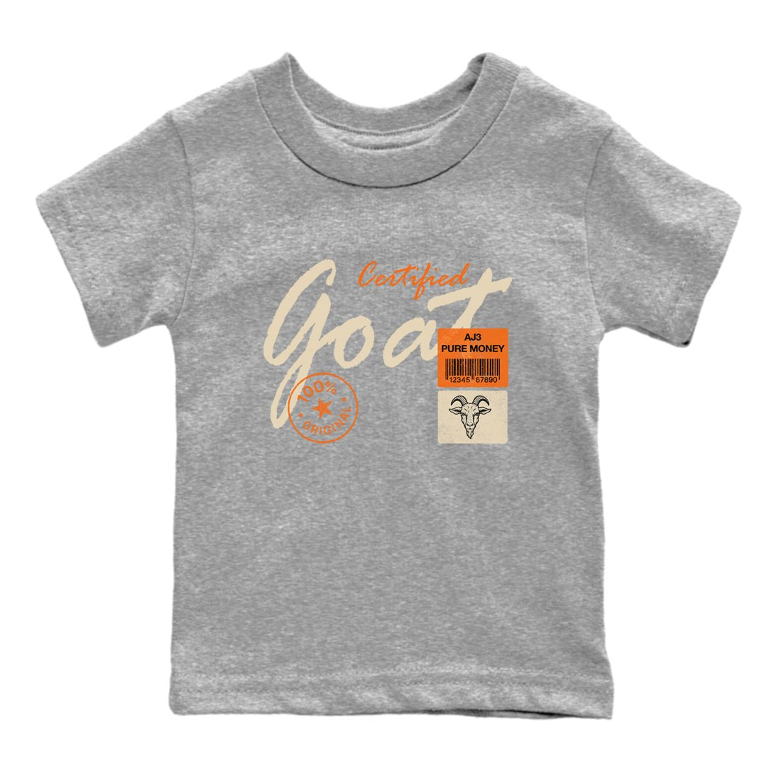 Certified Goat baby and kids t-shirt crafted for little sneakerheads to shine with the Air Jordan 3 Starfish sneakers, displayed in Heather Grey 2.