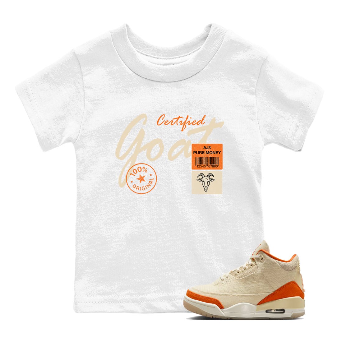 Certified Goat baby and kids t-shirt crafted for little sneakerheads to shine with the Air Jordan 3 Starfish sneakers, displayed in White 1.