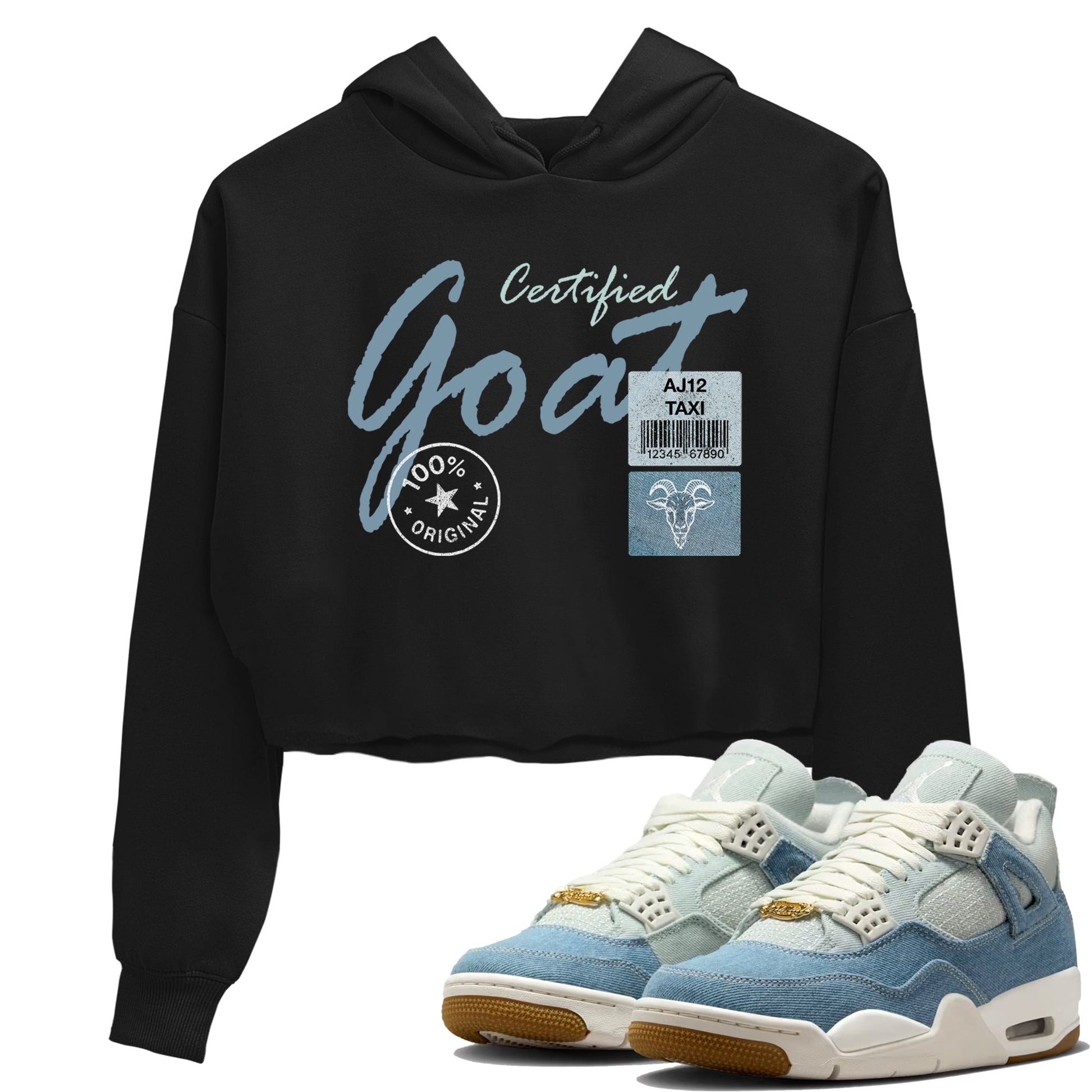 Sneaker match tees – Sneaker Tees To Match 4s Worn Blue Air Jordan 4 Denim Shoes – Certified Goat Crop T-Shirt Black 1