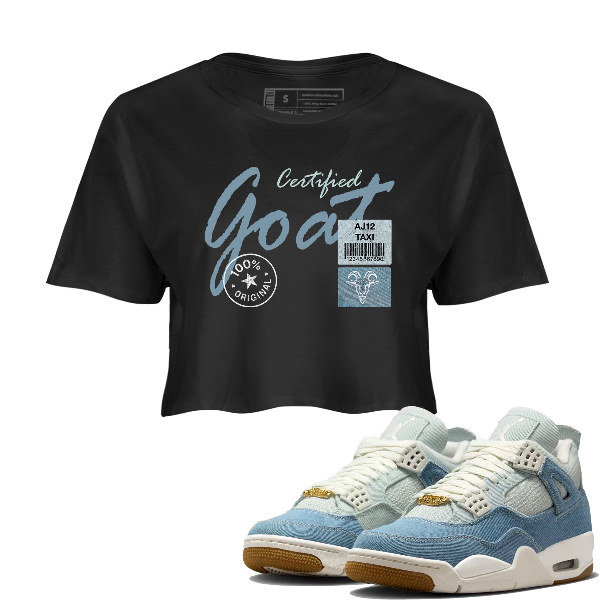 Sneaker match tees – Sneaker Tees To Match 4s Worn Blue Air Jordan 4 Denim Shoes – Certified Goat Crop T-Shirt Black 1
