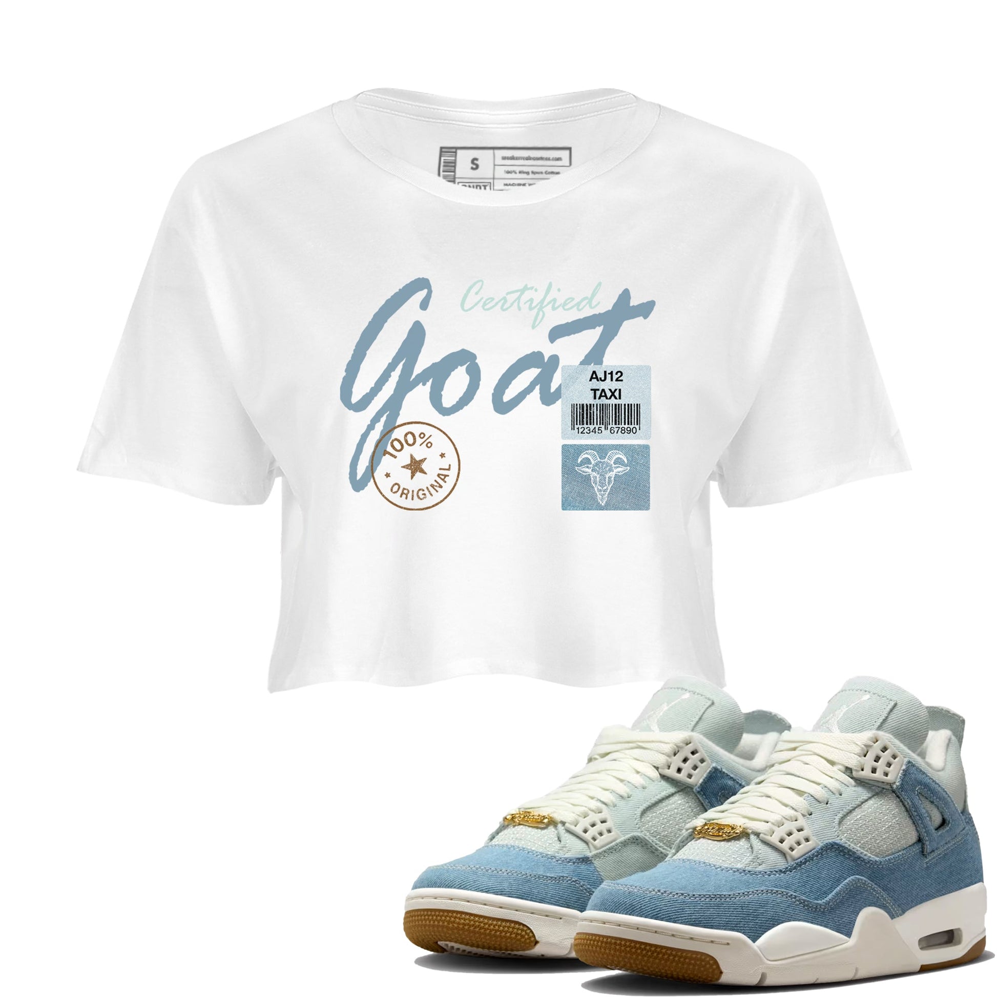 Sneaker match tees – Sneaker Tees To Match 4s Worn Blue Air Jordan 4 Denim Shoes – Certified Goat Crop T-Shirt White 1