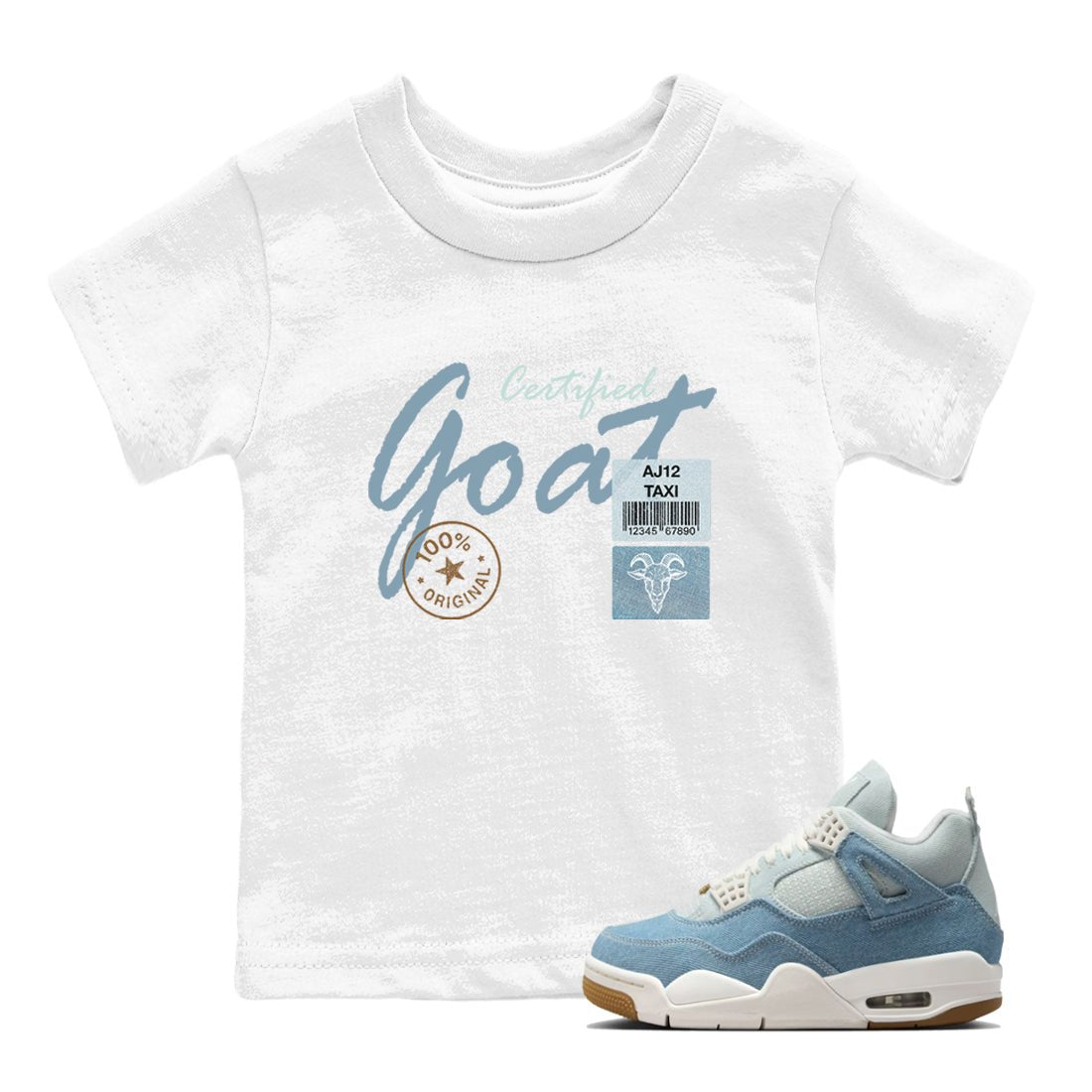 Sneaker match tees – Sneaker Tees To Match 4s Worn Blue Air Jordan 4 Denim Shoes – Certified Goat Kids T-Shirt White 1