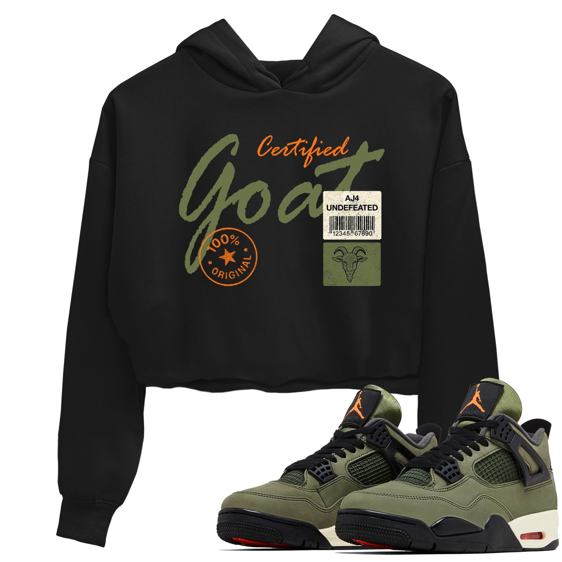 Sneaker match tees – Sneaker Tees To Match Undefeated inspired colorways Air Jordan 4 OG Olive Shoes – Certified Goat Crop T-Shirt Black 1