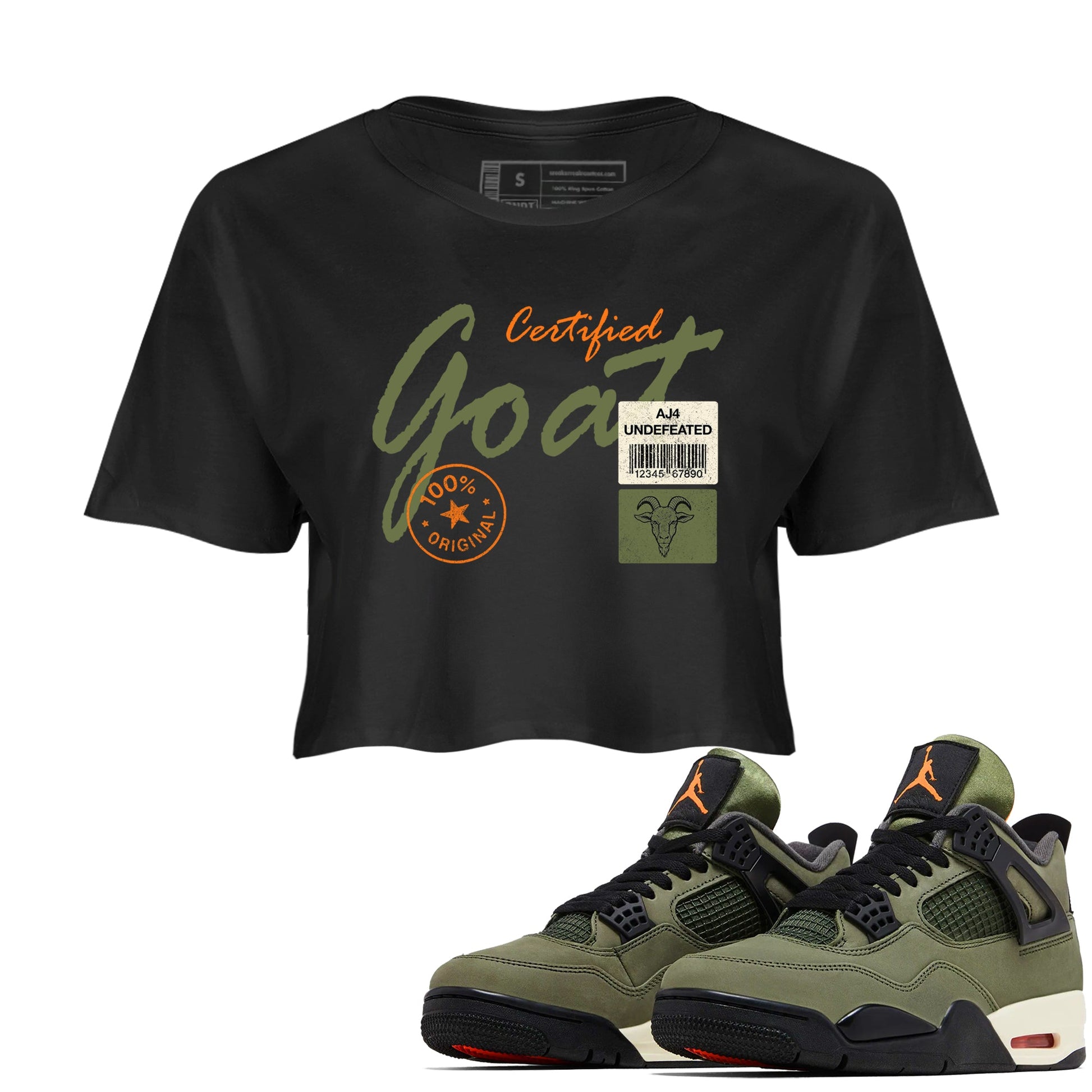 Sneaker match tees – Sneaker Tees To Match Undefeated inspired colorways Air Jordan 4 OG Olive Shoes – Certified Goat Crop T-Shirt Black 1