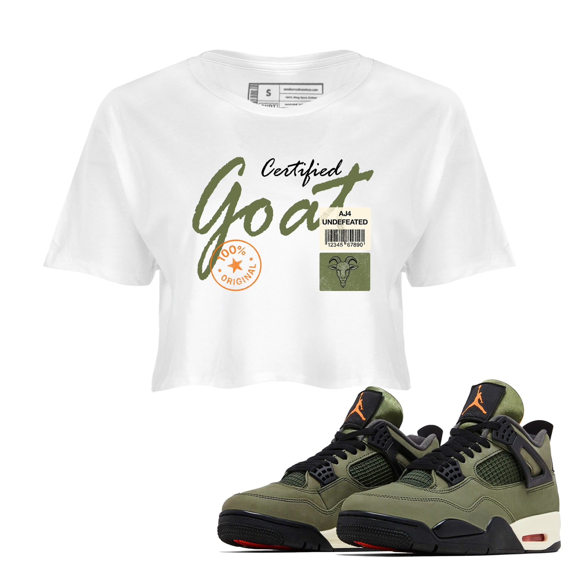 Sneaker match tees – Sneaker Tees To Match Undefeated inspired colorways Air Jordan 4 OG Olive Shoes – Certified Goat Crop T-Shirt White 1