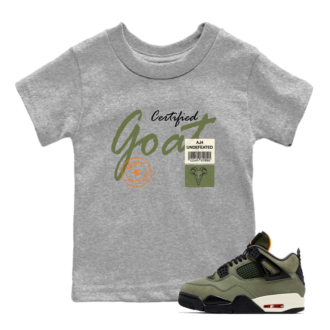 Sneaker match tees – Sneaker Tees To Match Undefeated inspired colorways Air Jordan 4 OG Olive Shoes – Certified Goat Kids T-Shirt Heather Grey 1