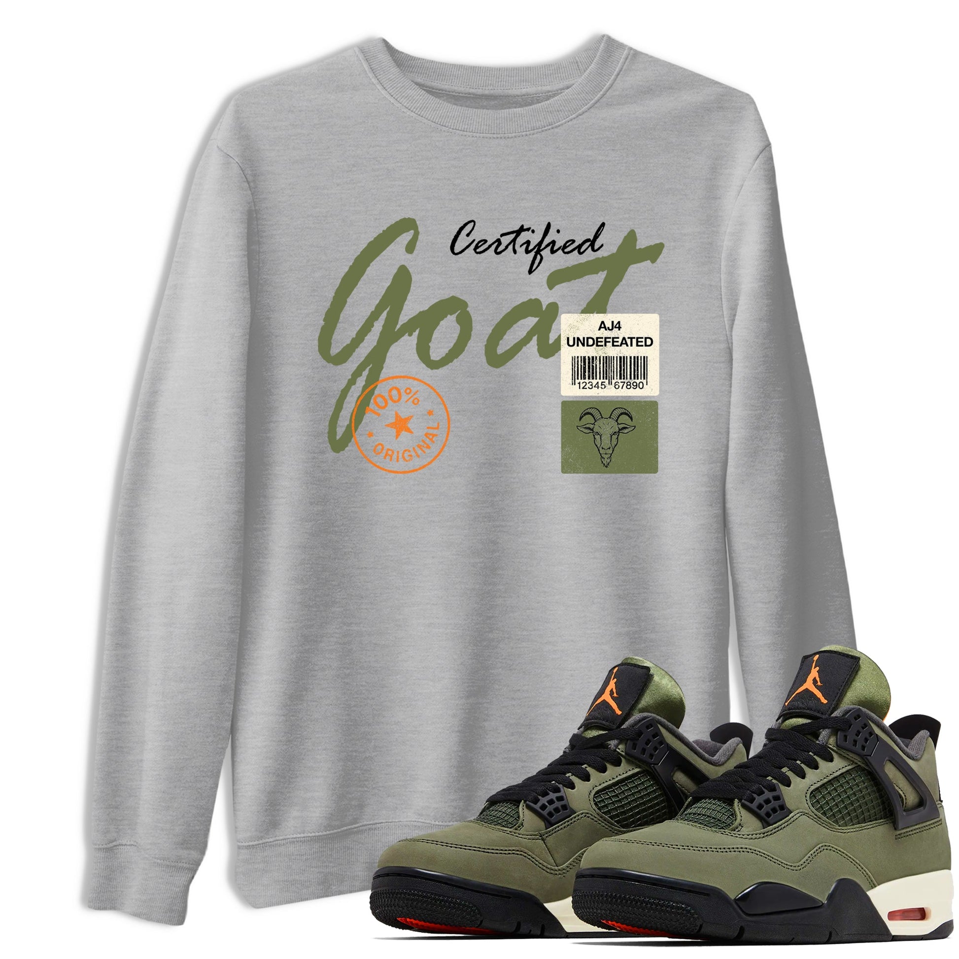 Sneaker match tees – Sneaker Tees To Match Undefeated inspired colorways Air Jordan 4 OG Olive Shoes – Certified Goat Tee Heather Grey 1