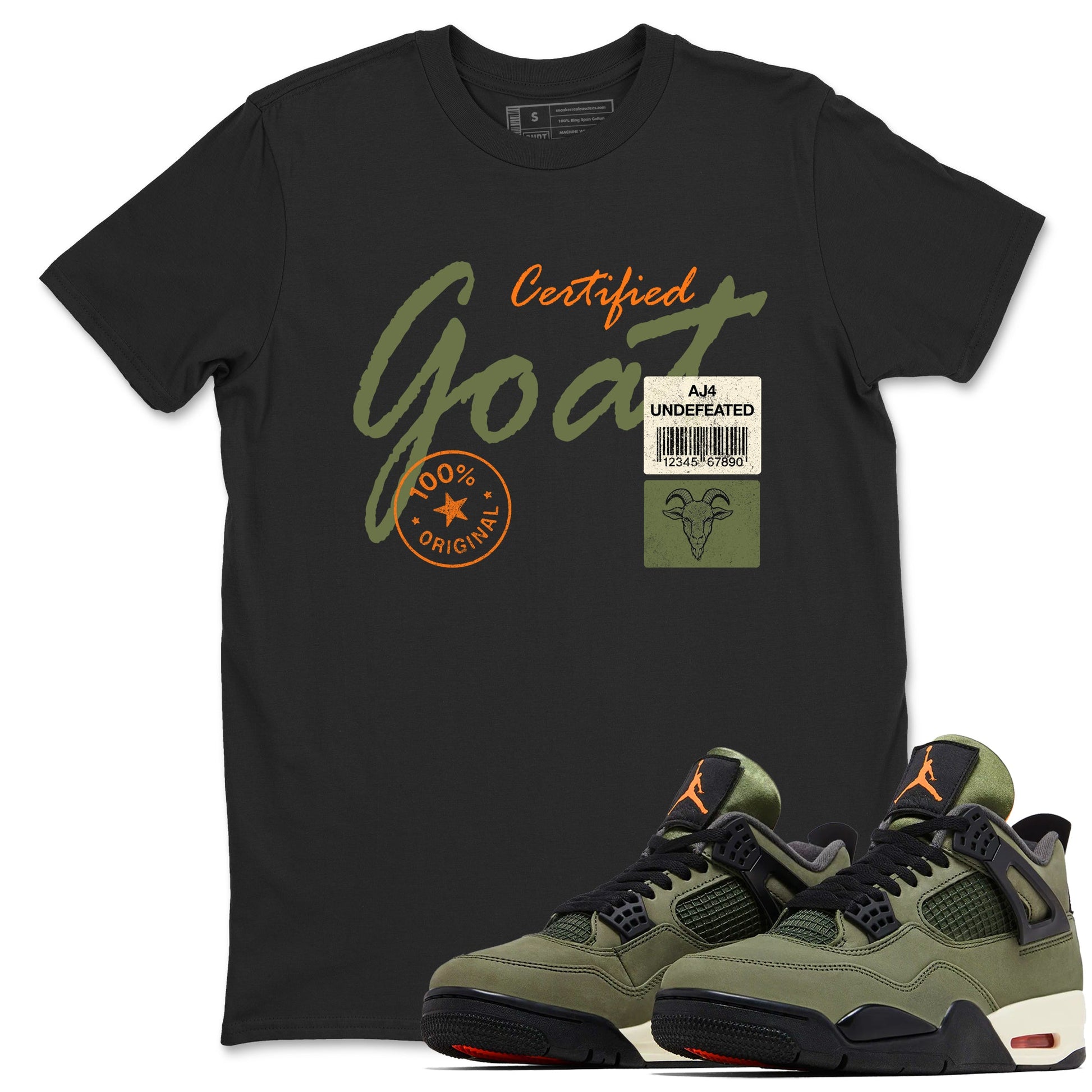 Sneaker match tees – Sneaker Tees To Match Undefeated inspired colorways Air Jordan 4 OG Olive Shoes – Certified Goat Tee Black 1