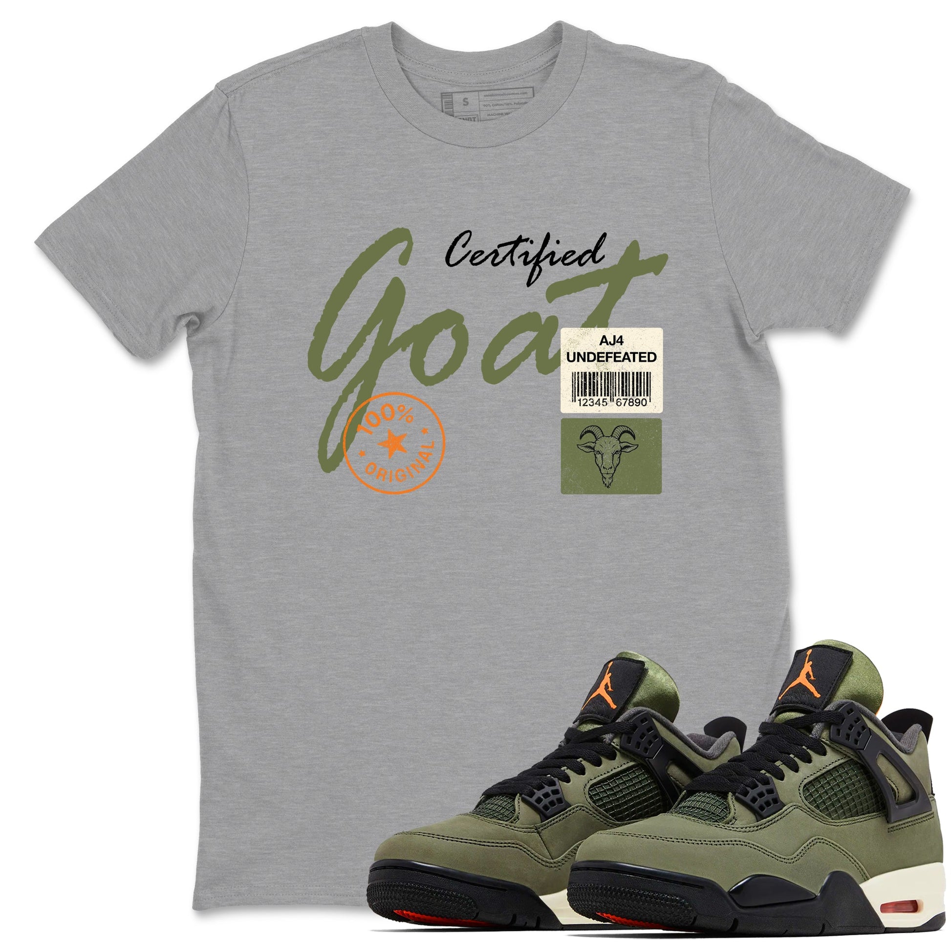 Sneaker match tees – Sneaker Tees To Match Undefeated inspired colorways Air Jordan 4 OG Olive Shoes – Certified Goat Tee Heather Grey 1