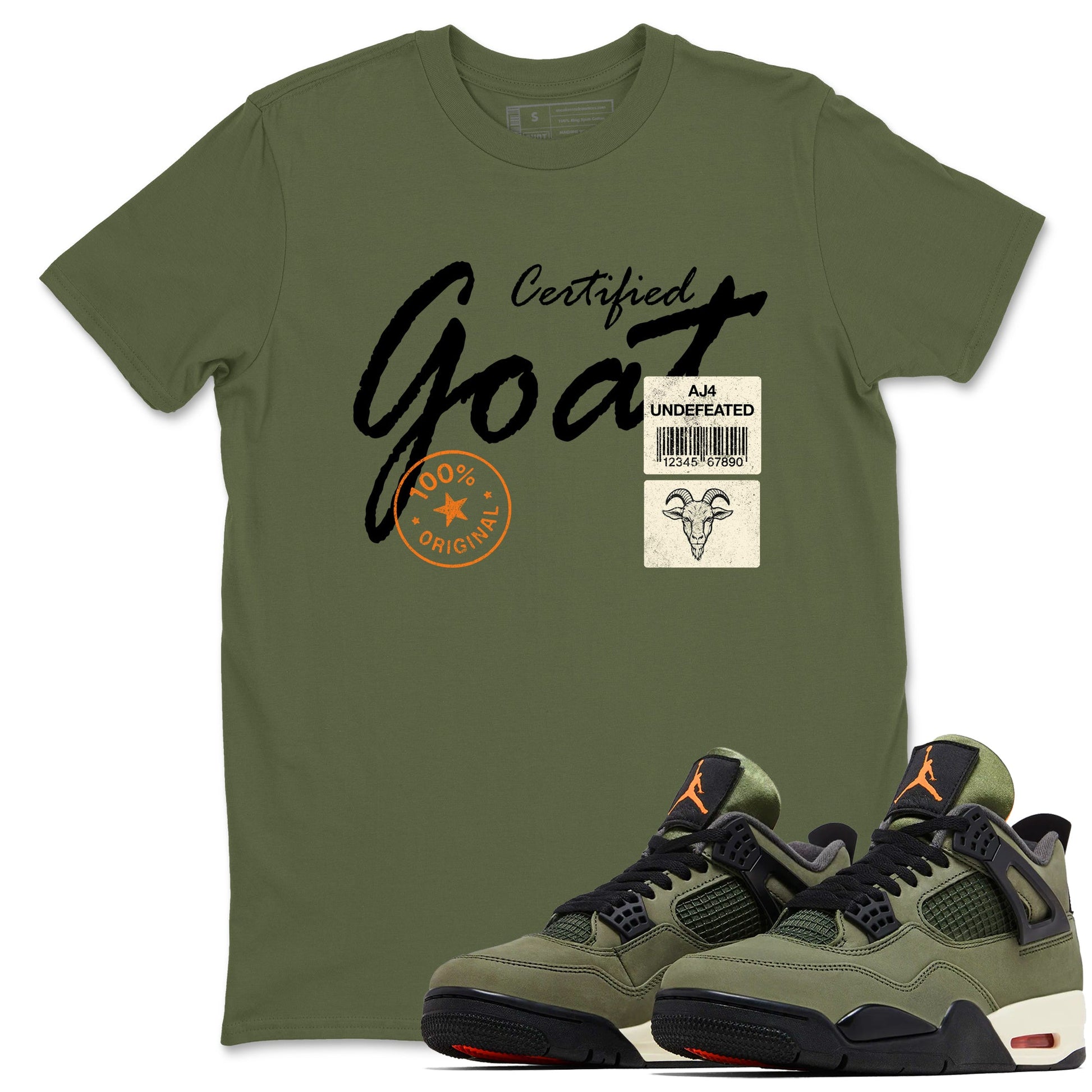 Sneaker match tees – Sneaker Tees To Match Undefeated inspired colorways Air Jordan 4 OG Olive Shoes – Certified Goat Tee Military Green 1